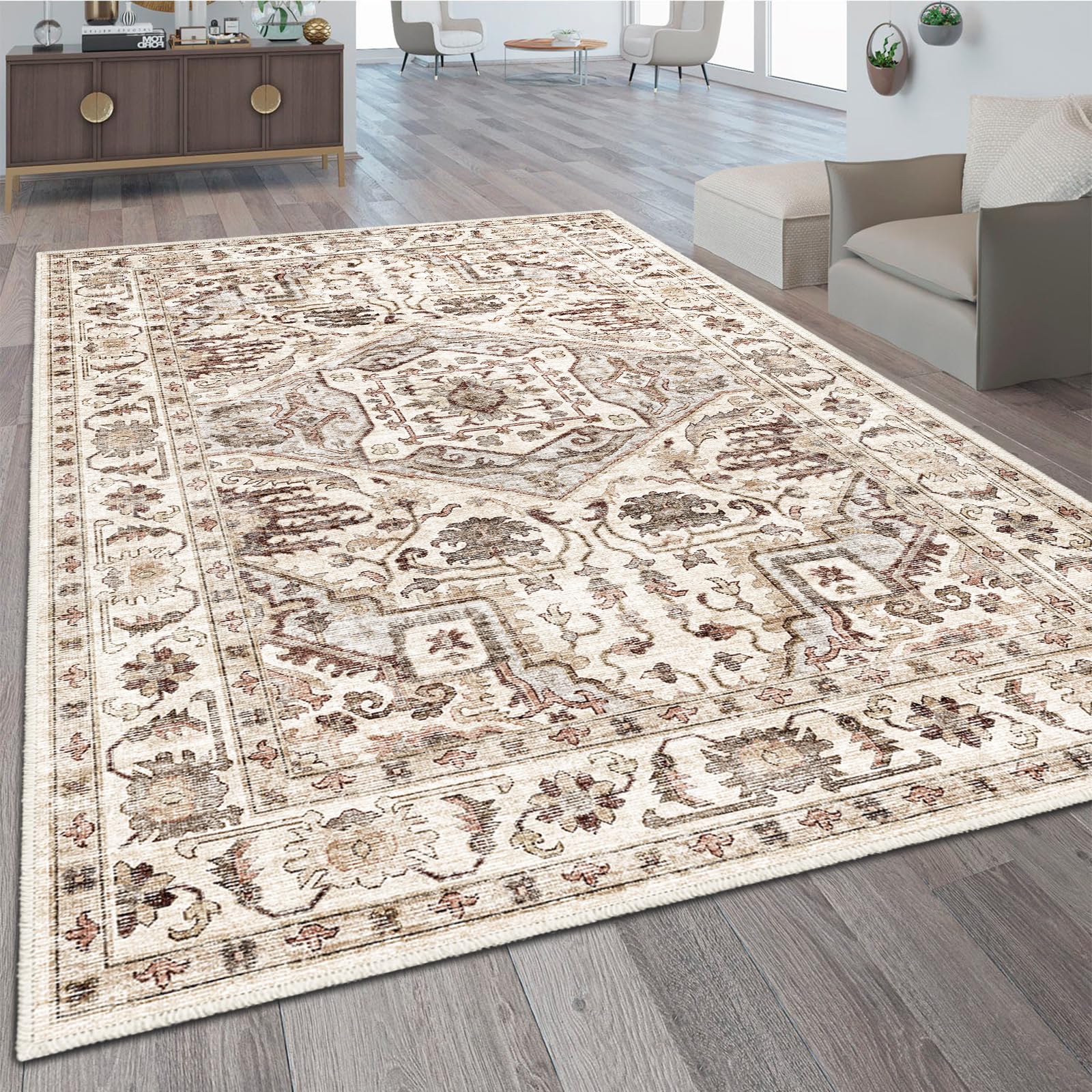 machine washable soft area rug 8x10 with non slip backing for living room, bedroom, vintage printed 8x10 area rugs for living room home decor, floor decoration carpet mat (brown beige, 8x10)……
