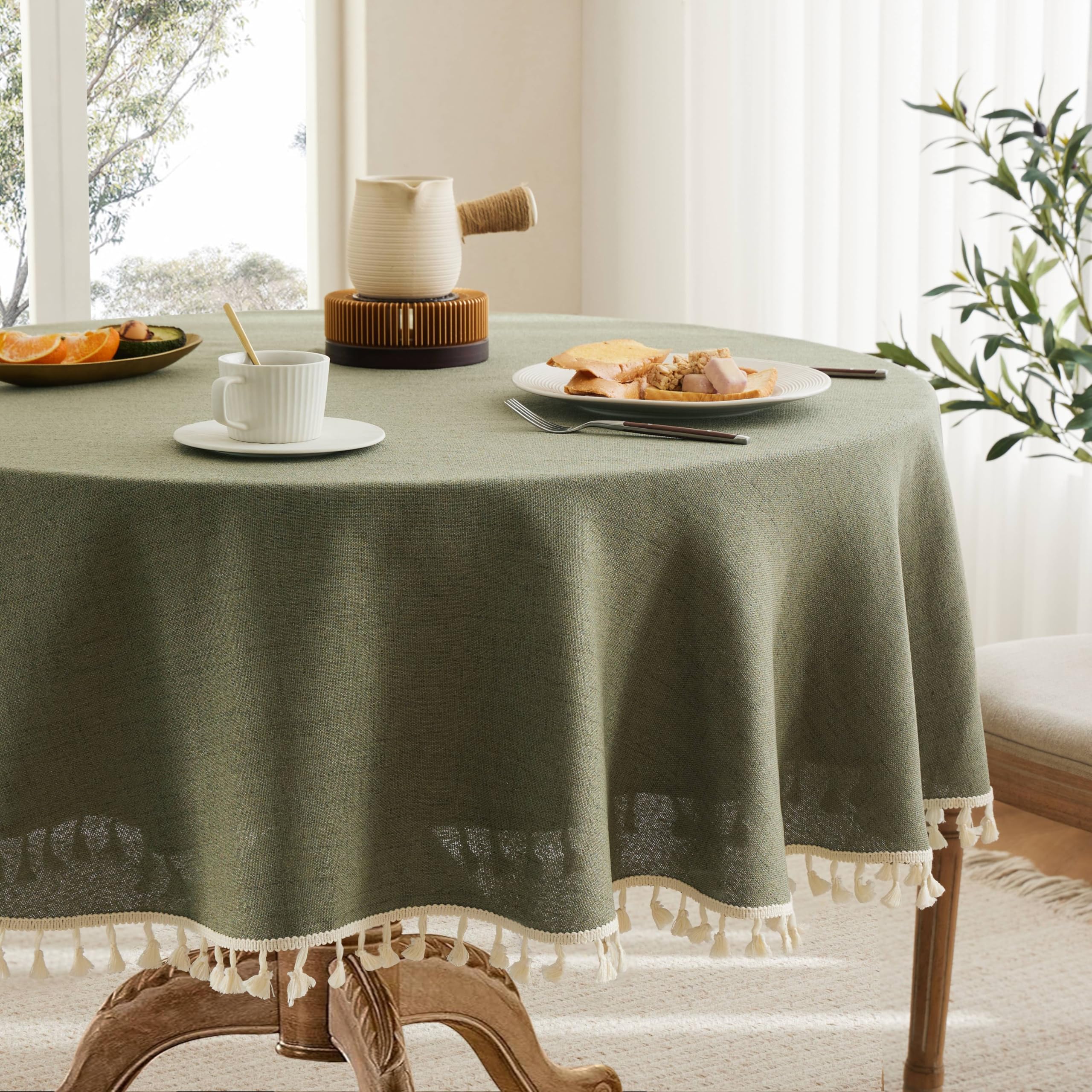 YZJZEDS Linen Tablecloth with Tassels, Farmhouse Style GreenTablecloth, Water Resistant Burlap Tablecloths for Round Table, 60 Inch Round Olive