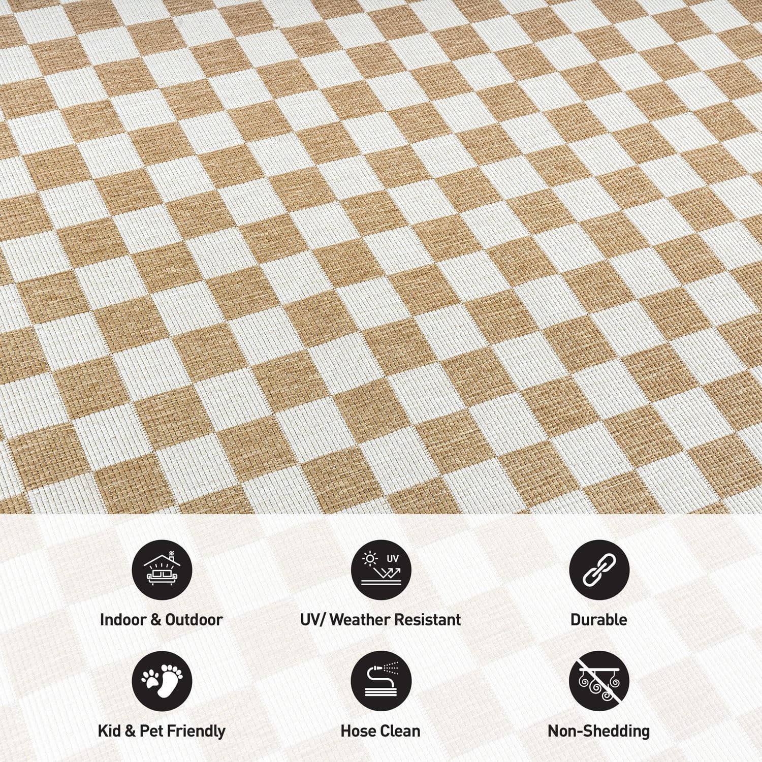 Rugshop Natural Checkered Reversible Weather Resistant Indoor/Outdoor Runner Rug, for Hallway, Kitchen and Entryway, 2' x 7'