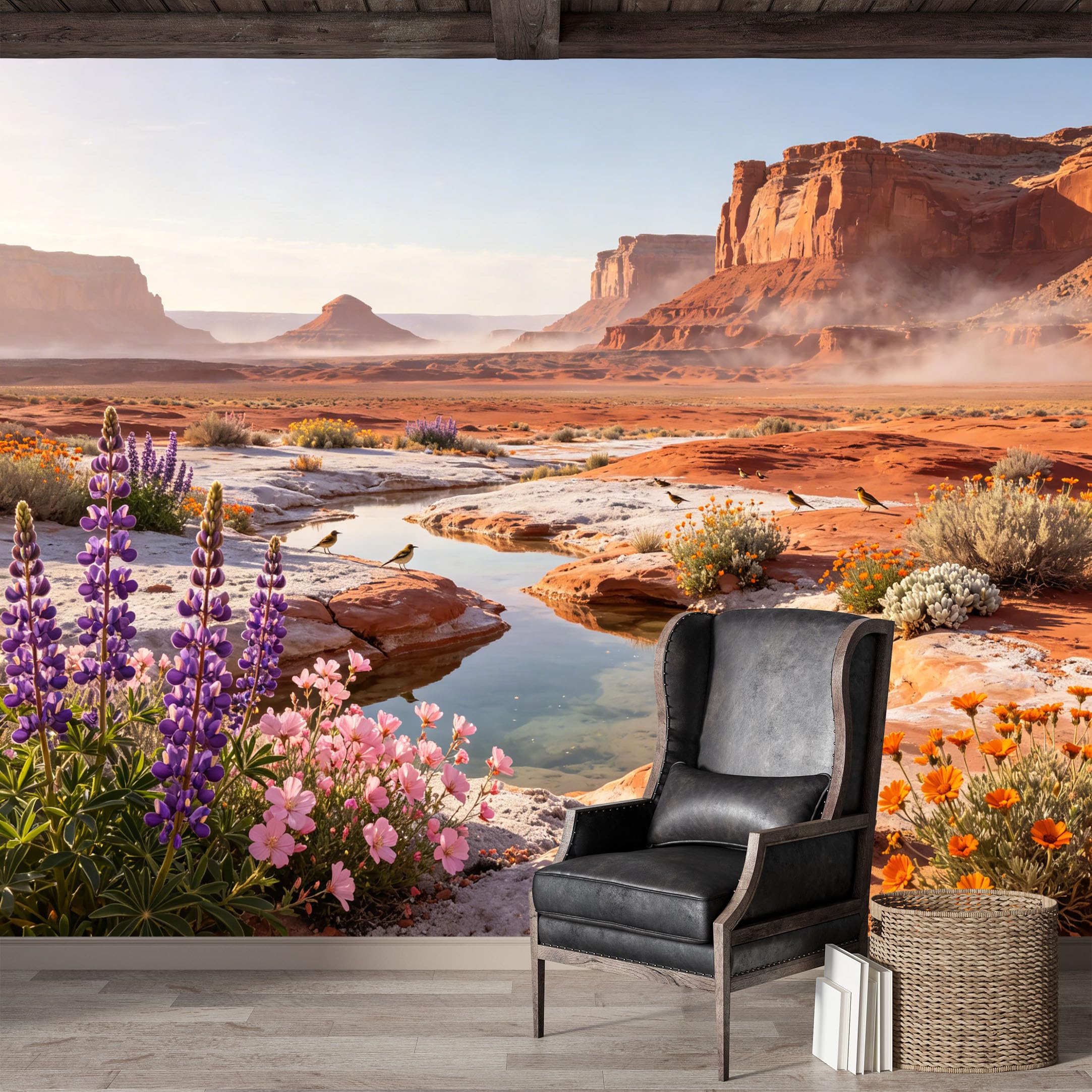 Custom Size Wall Mural,Desert Oasis Landscape Birds Wildflowers Rocky Cliffs Premium Water Activated SelfAdhesive Wallpaper,Removable Wall Covering for Indoor Home Decor