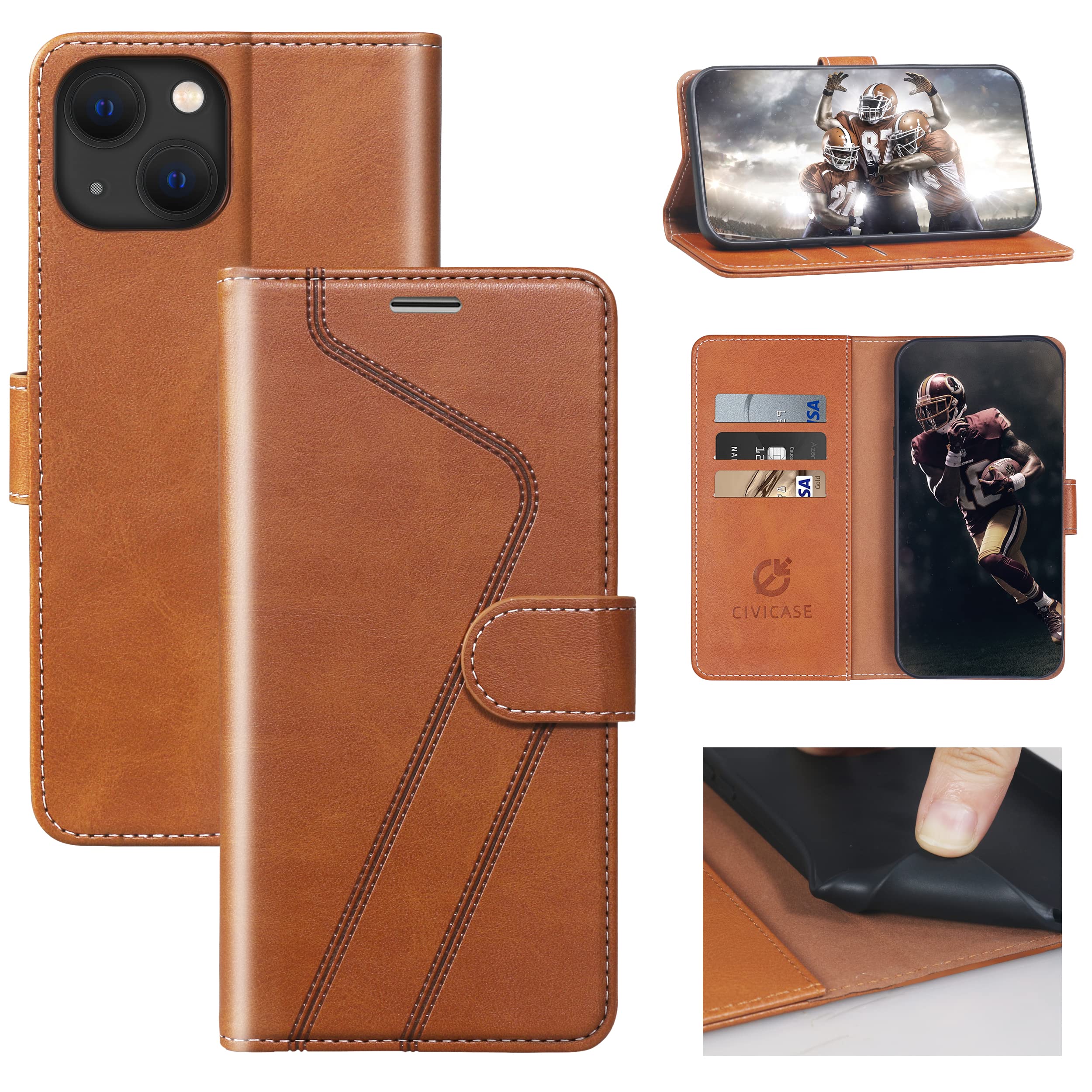 CIVICASE for iPhone 13 Wallet Case,Leather Flip Case [RFID Blocking] Credit Card Holder Folio Magnetic Stand TPU Shockproof Cover color matching for iPhone 13 (6.1
