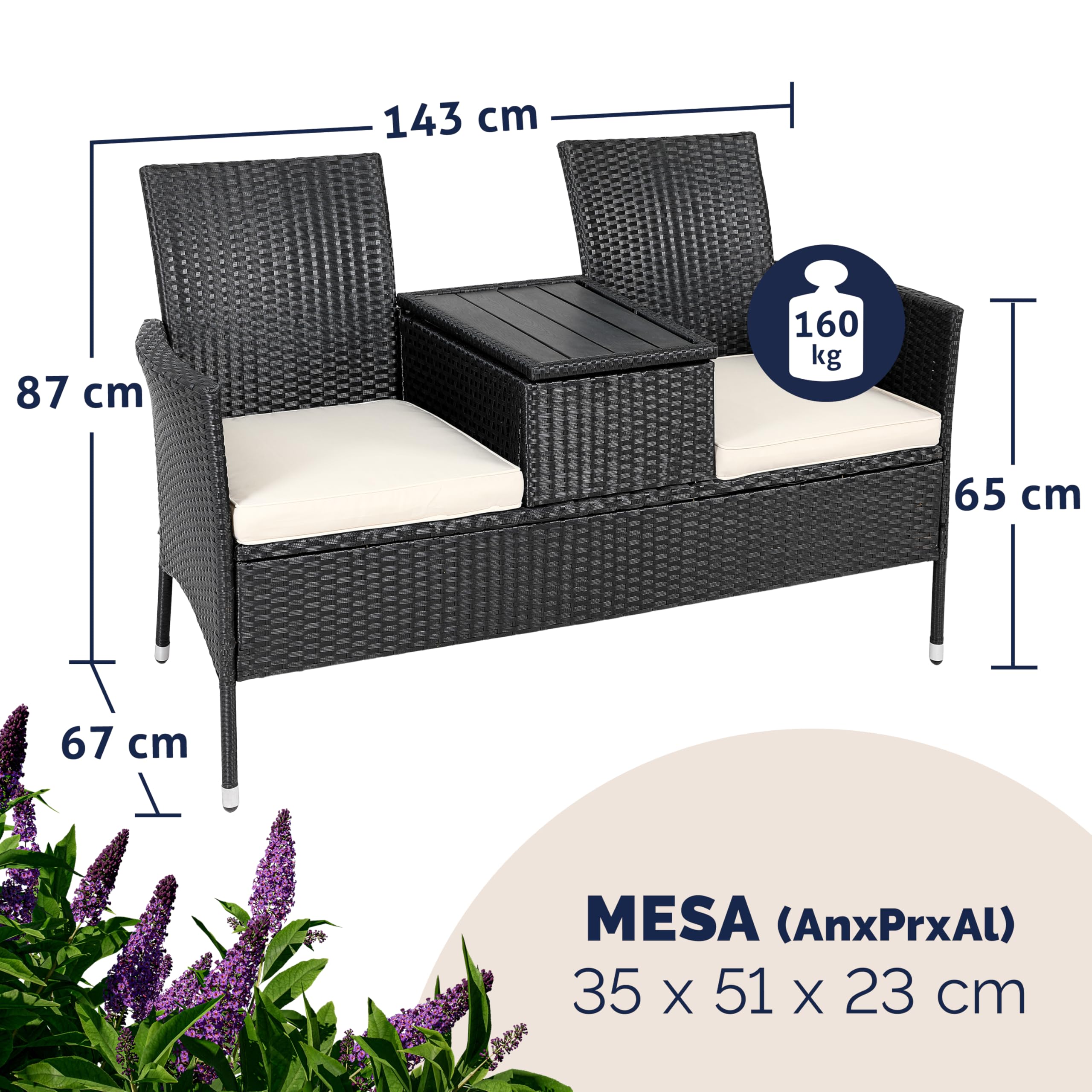 CASARIA® Banco de Jardín 143x64x88 Poliratán Negro Mesa WPC y Estante Asiento Extra Ancho Sillón Doble Exterior