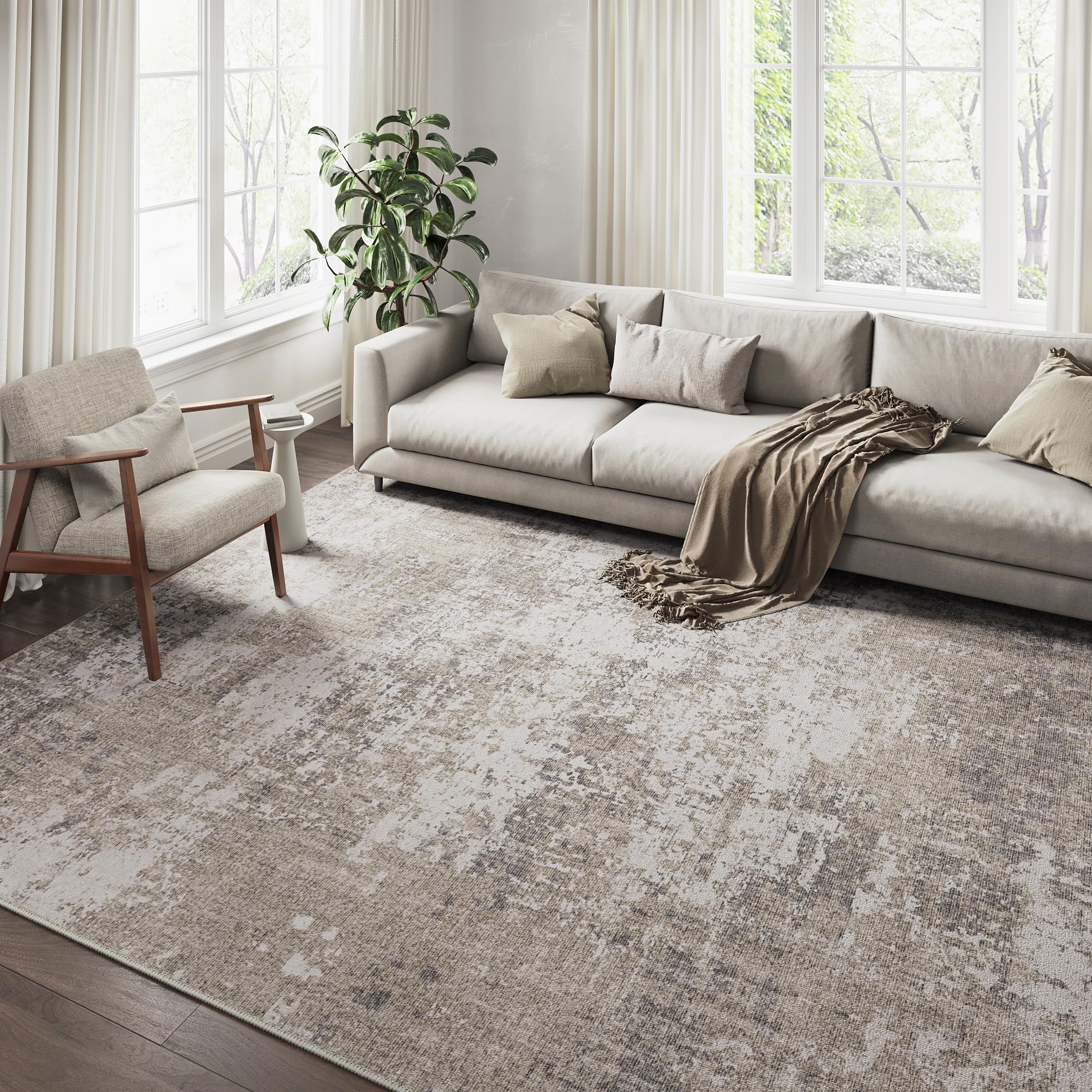 Modern Abstract Beige Gray Rug 8x10 Machine Washable Area Rug Large Kitchen Indoor Accent Throw Low Pile Carpet Non Slip Distressed Living Dining Room Bedroom Office