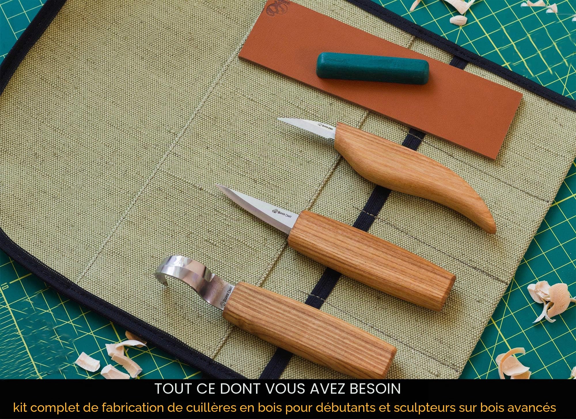 BeaverCraft Kit Outils Sculpture Cuillère S17 avec Couteau Crochet, Couteaux Sloyd & Chip – Ensemble de Sculpture sur Bois avec Strop en Cuir, Pâte à Polir, Étui à Outils