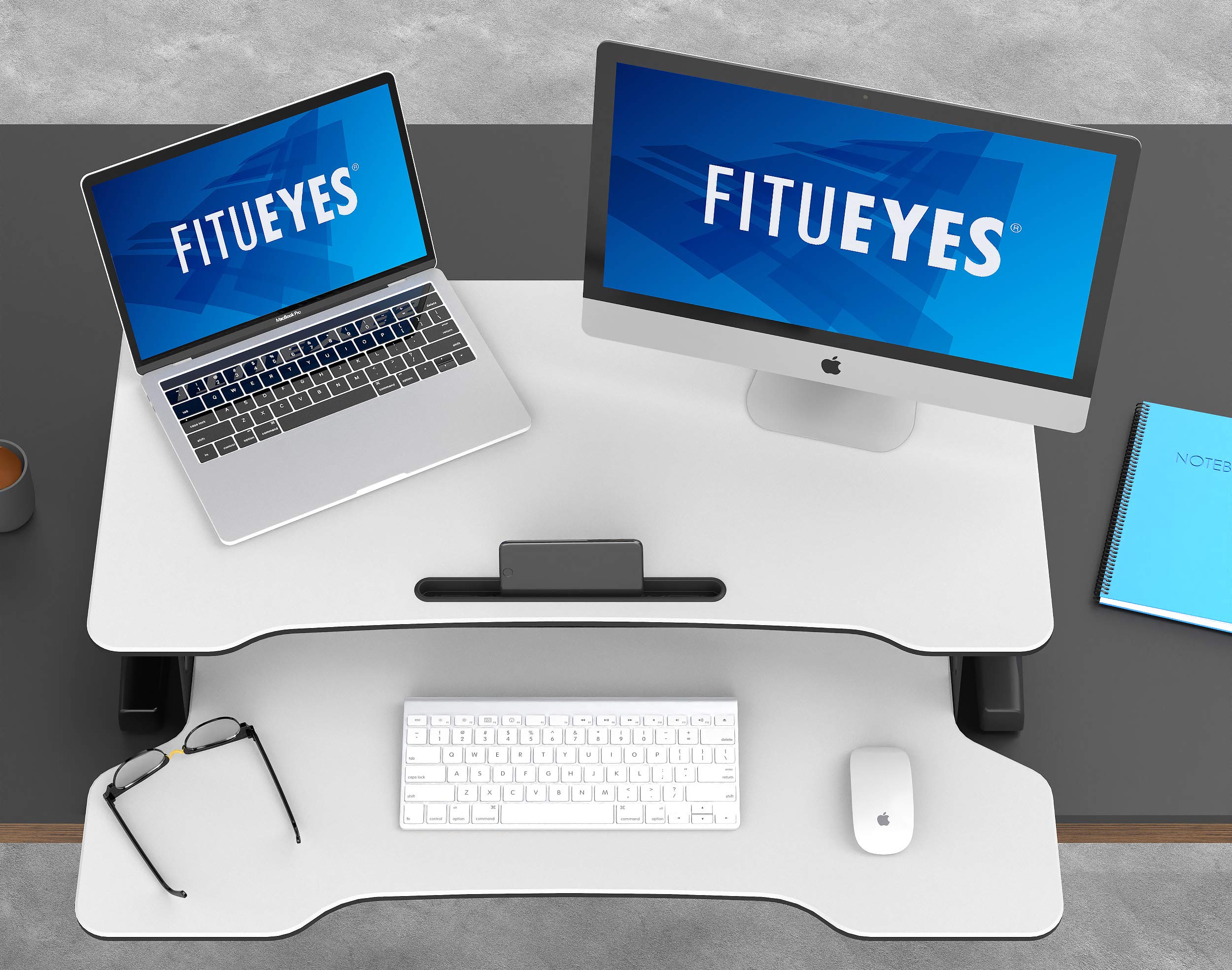FITUEYES Höhenverstellbar Schreibtischaufsatz Büro Sitz Steh Computertisch 92 x 40 cm Stehpult mit Tastaturablage Geeignet für Zwei Monitore Weiß