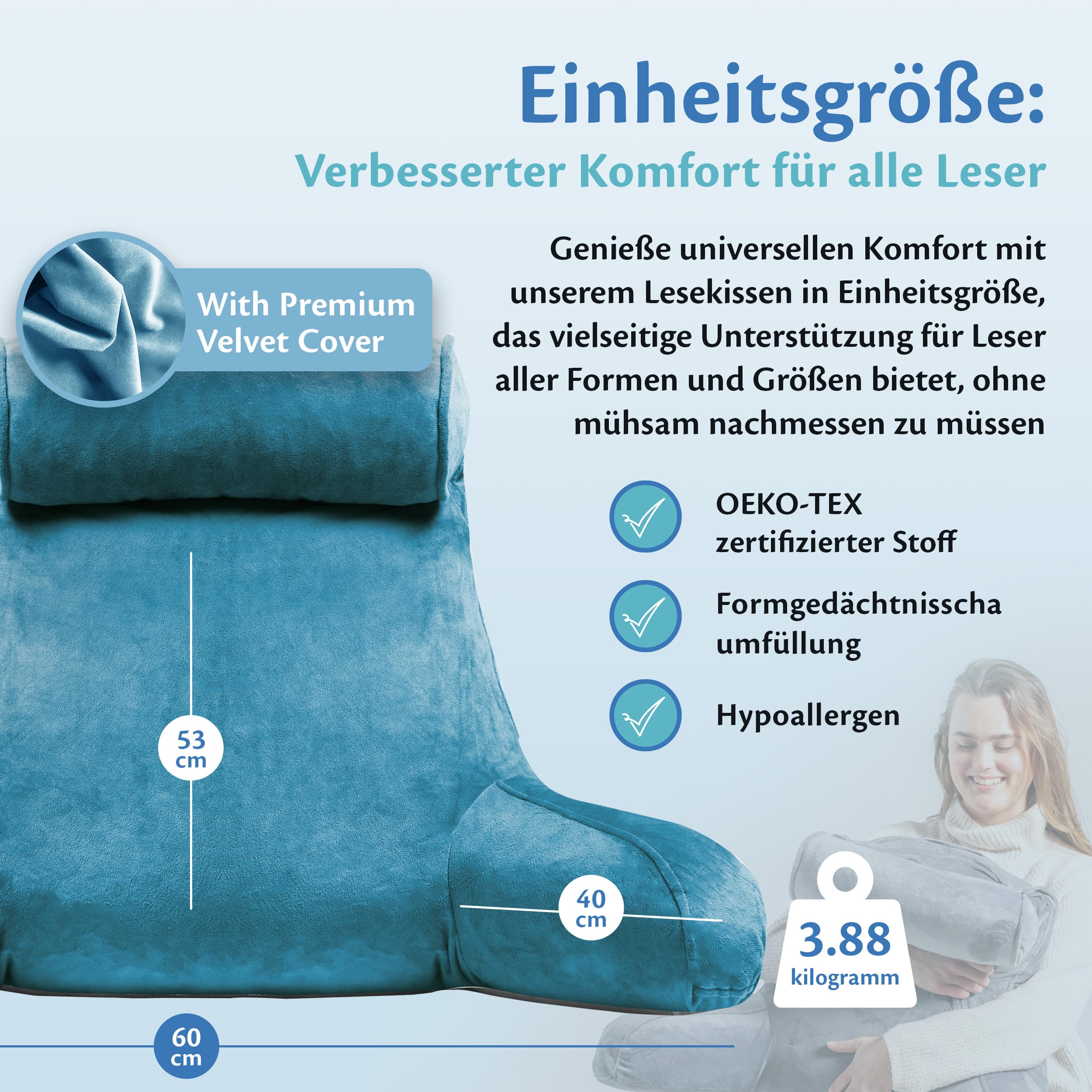 Ella Lesekissen für Bett und Sofa mit Abnehmbarer Nackenrolle - Rückenkissen Bett - Reading Pillow aus Memory Foam mit Armlehne, Ideal zum Lesen, Fernsehen, Faulenzen oder als Rückenstütze - Blau