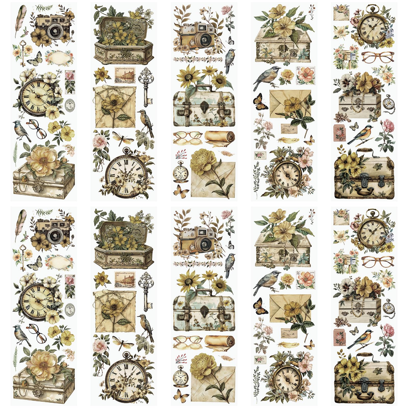 WANDIC 10 Sheets Rub On Transfer Stickers, Vintage Clock Decals Envelope Suitcase Stickers for Furniture Table Water Bottle DIY Craft, 11.8 * 3.9in