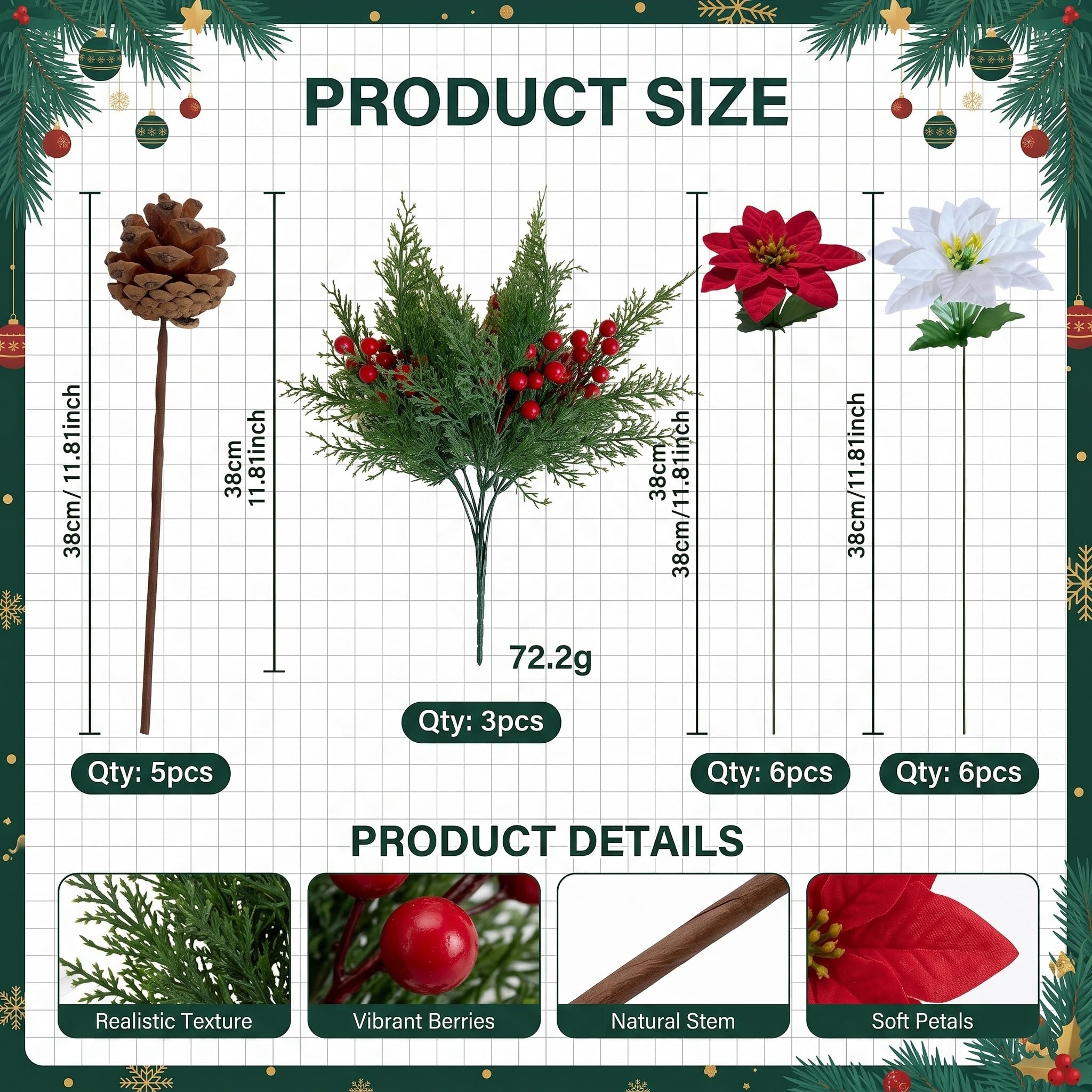 Lot de 20 tiges de pin poinsettia, rouge, vert, blanc | Pics de Noël artificiels avec poinsettias rouges, pommes de pin, baies, aiguilles de pin pour arbre, couronne, vase