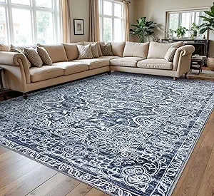 KUTA 9x12 Blue White Vintage Area Rug for Living Room, Washable Large Rugs for Bedroom 9ft x 12ft Non-Slip, Ultra Soft Printed Modern Floral Distressed Dining Room Low-Pile Wool Carpet
