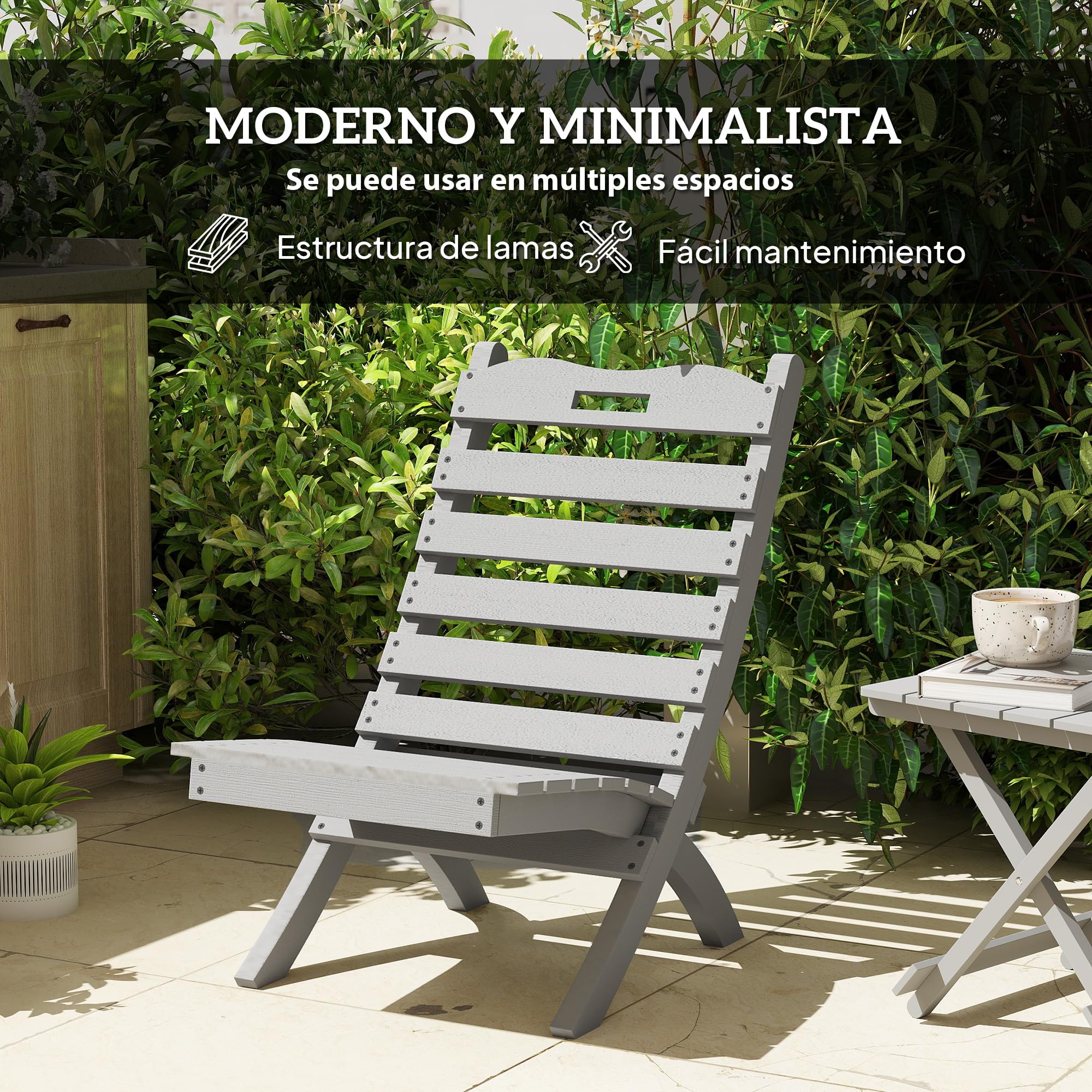 Outsunny Silla de Jardín de Madera Silla de Exterior con Diseño Listones y Respaldo Inclinado Carga 120 kg para Balcón Patio Terraza 78x48x76 cm Gris