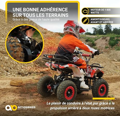 Actionbikes Motors Quad électrique Enfant ATV Torino | 36 Volts 1000 Watts Jusqu’à 24 km/h - Quad Enfant - Pocket Quad - pédale de sécurité Safety Touch - Mini Quad - dès 8 Ans (Noir) - 8