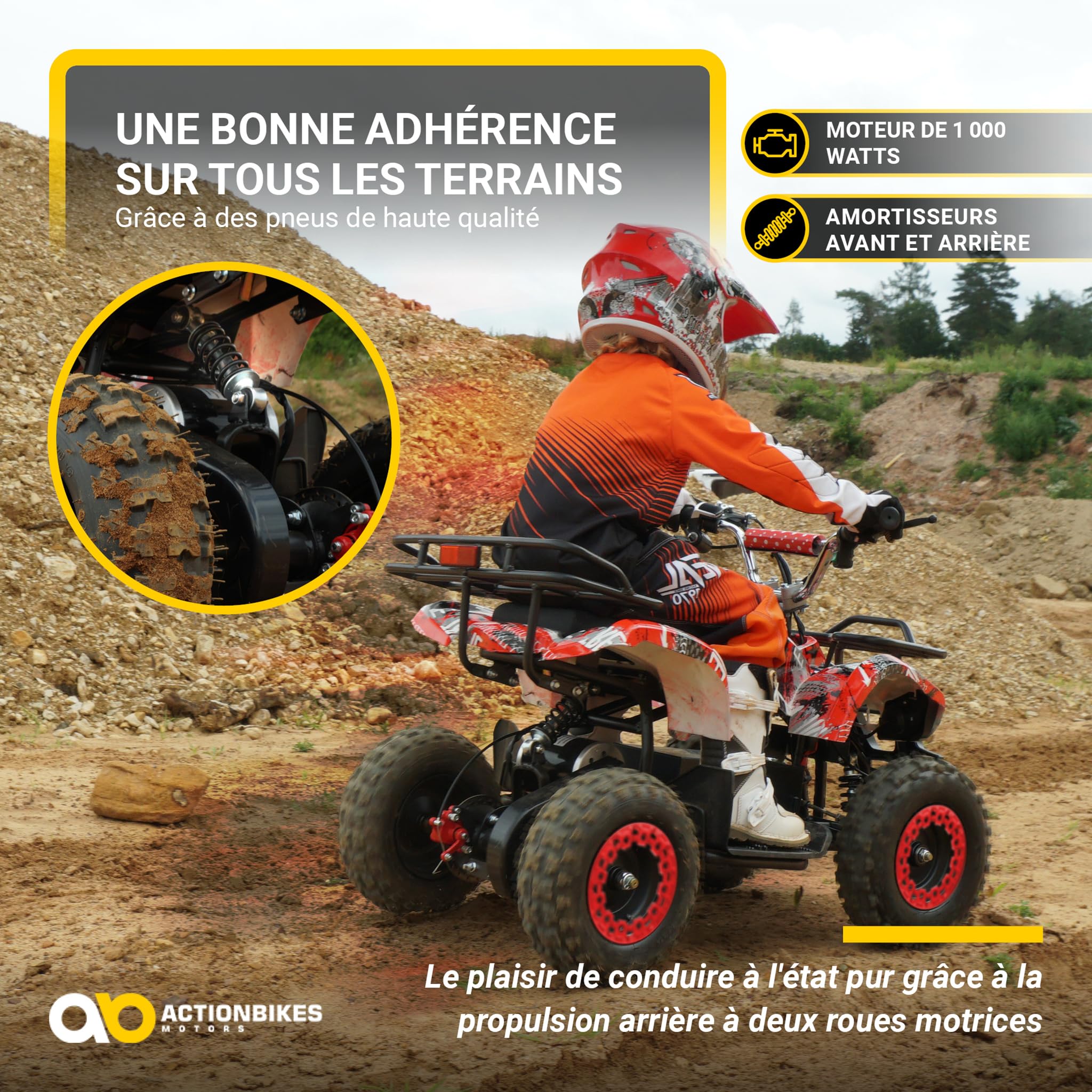 Actionbikes Motors Quad électrique Enfant ATV Torino | 36 Volts 1000 Watts Jusqu’à 24 km/h - Quad Enfant - Pocket Quad - pédale de sécurité Safety Touch - Mini Quad - dès 8 Ans (Noir)