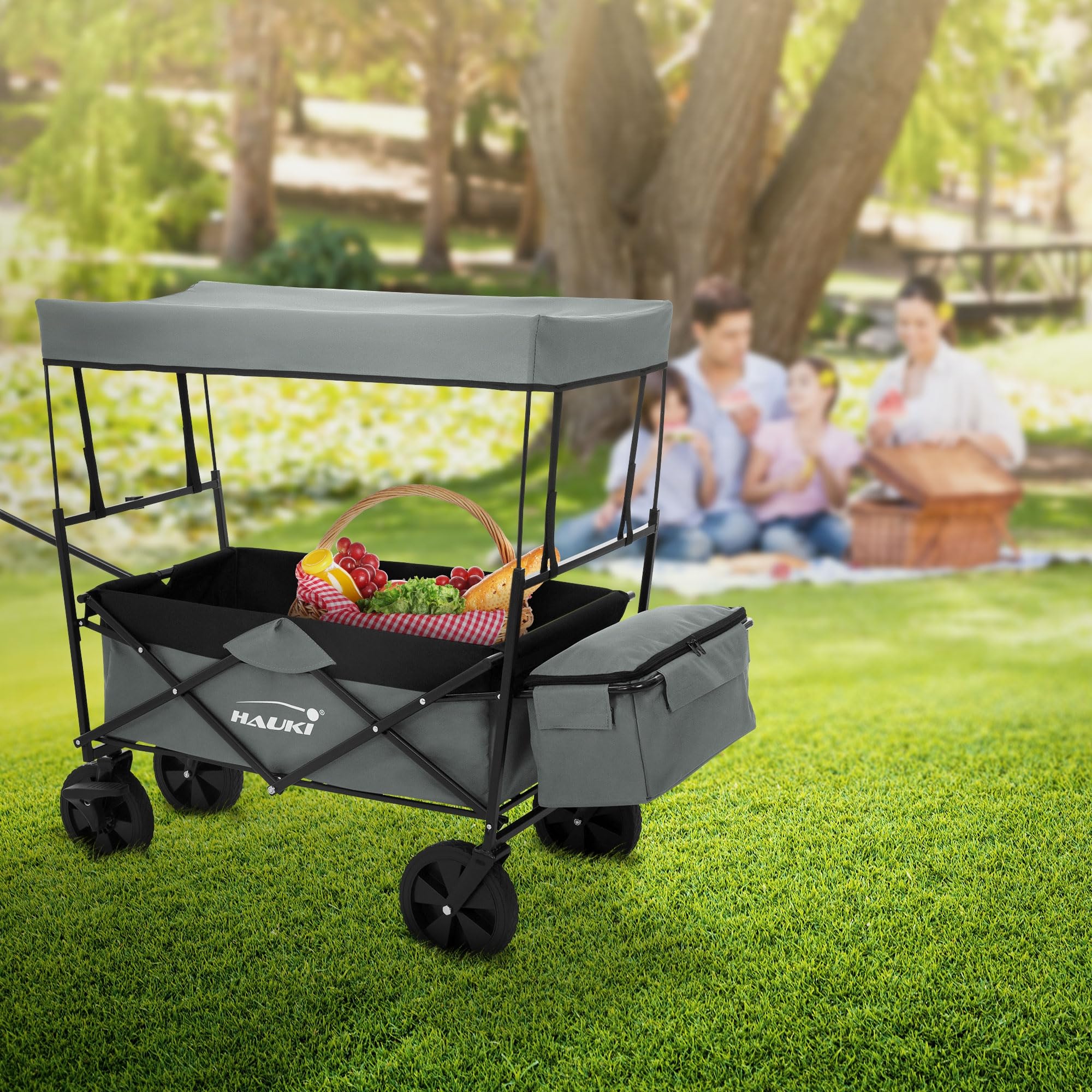 Hauki Carrello Pieghevole da Spiaggia per Bambini, Carretto a Mano per Trasporto Bimbi con Tettuccio e Borsa Posteriore, Carrello Portatutto con Parasole Grigio e Freno Ruote Anteriori, Carico 80 kg
