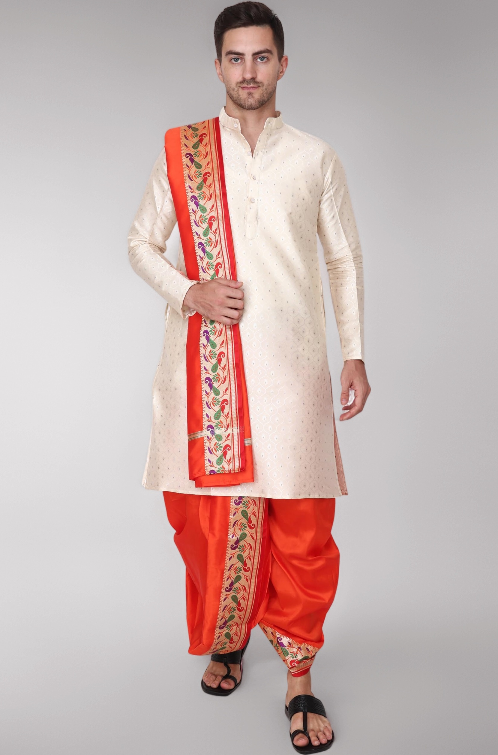 - Men’s Sherwani Style Dhoti Kurta Set with Angavastram | Traditional Indian Groom Dress | Ethnic Kurta Set for Wedding, Engagement, Festival