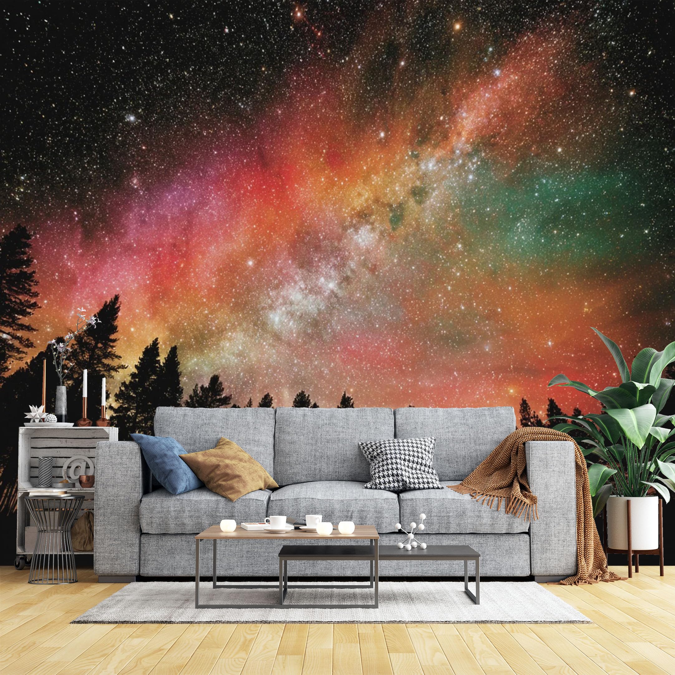 Custom Size Wall Murals Colorful Milky Way Over Forest Wall Murals Starry Sky Wallpaper, Wall Stickers Self-Adhesive Removable Wallpaper for Living Room