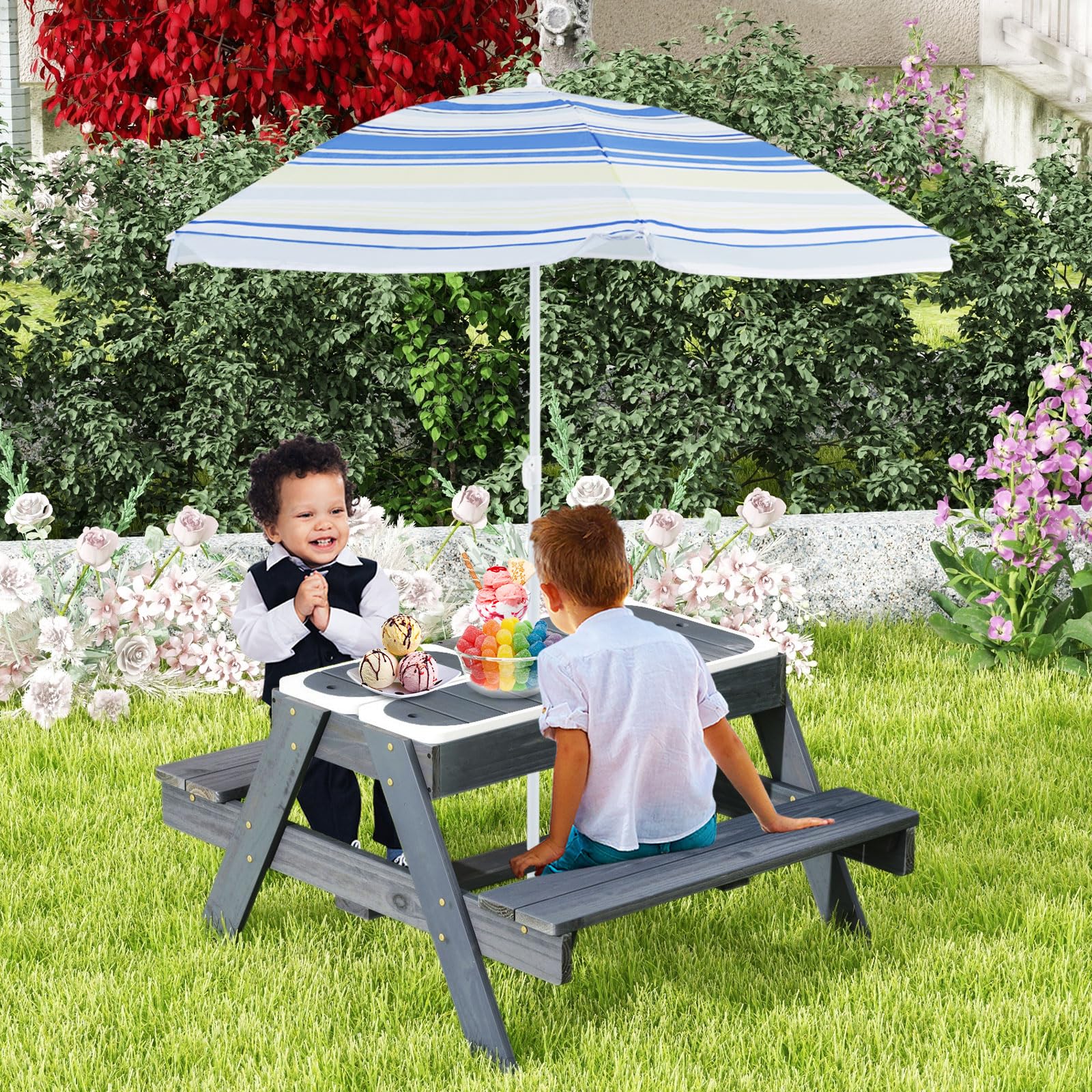 DREAMADE Table de Pique-Nique Enfant en Bois avec Parasol Amovible,Tables Extérieur Garçons Filles avec Bancs de Jardin&3 Boîtes à Couvercle,96x75x54CM (Grise+Coloré)