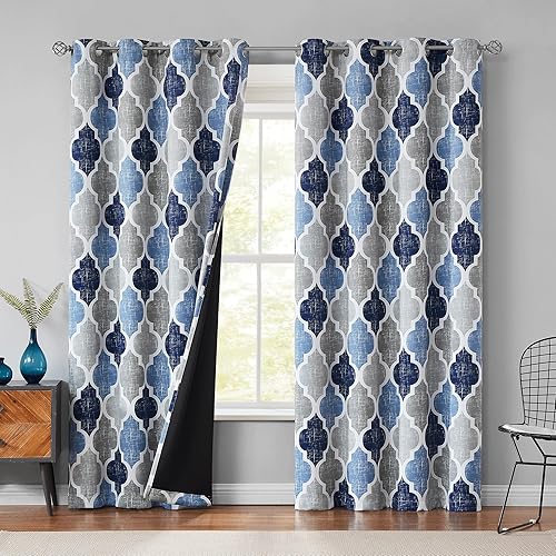 Beauoop 100% Blackout Curtains 84 Inches Long 2 Panels for Bedroom Living Room Blue Grey Moroccan Geo Room Darkening Thermal Insulated Soundproof
