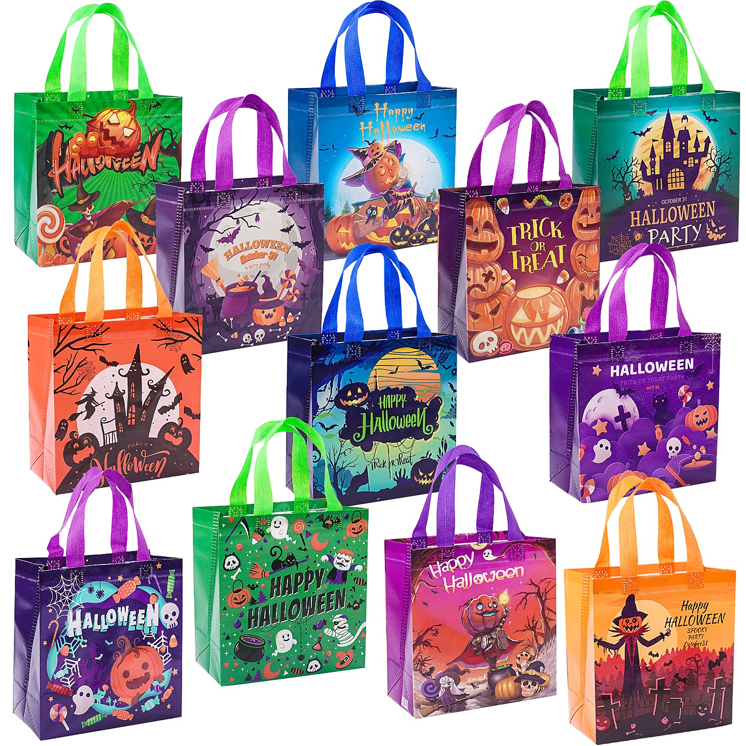 12Pcs Halloween Trick or Treat Tote Bags with Handles for Kids, Reusable Non-Woven Gift Bags for Gifts Wrapping, Party Supplies