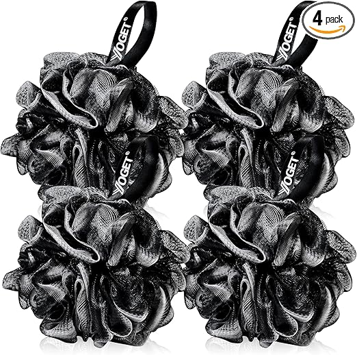 Yoget Bath Loofah Sponge, 4 Pack Black 60G Shower Mesh Ball Soft Pouf Body Scrubber, Exfoliate, Cleanse, Soothe Skin, Black Loofah with White Trim