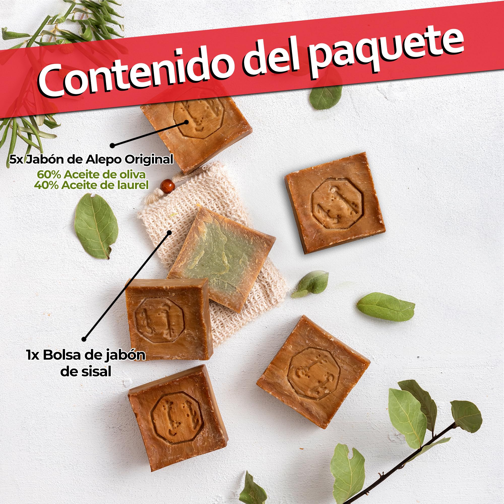 Jabón de Alepo 5x 60% Aceite de Oliva 40% Aceite de Laurel +1x Bolsas de Jabón de Sisal +1x Bolsa de Almacenamiento (cada jabón aprox. 200gr.)