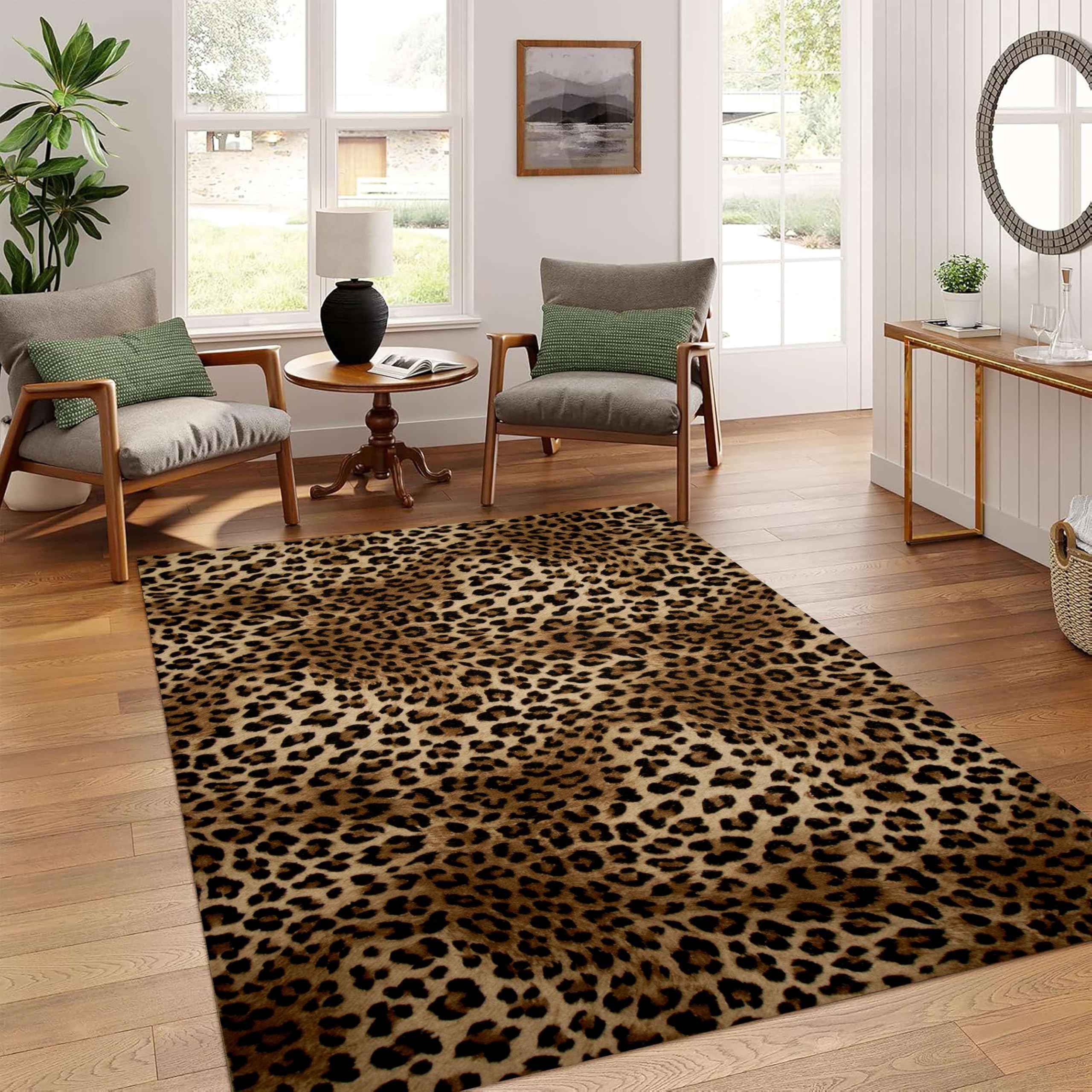 YJDRUG Leopard Print Rug 180x230cm, Non-Slip Washable Soft Carpet, Non-Shedding Brown Animal Print Area Rug for Living Room, Bedroom, Office & Dorm