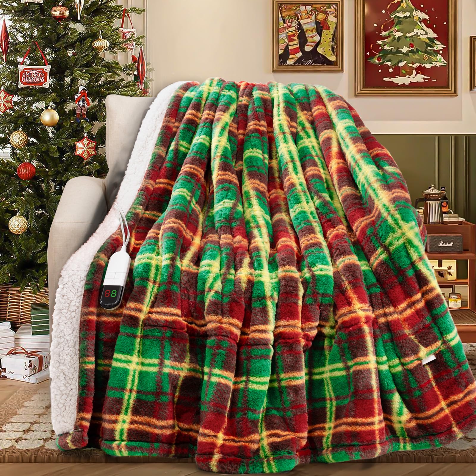 MAXEVE Faux Fur Electric Heated Blanket for Couch,Sofa, Sherpa Heating Blanket with 8 Heating Levels & 8 Hours Auto Off, Over-Heat Protection,ETL Certified,Christmas Buffalo Plaid Heated Blanket