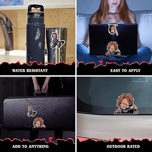 Miniatura 2 de Chucky Doll - Juego de 3 calcomanías de vinilo para coche, vaso, botella de agua, laptop, Halloween, terror, coche, calcomanías de cara de muñeca de