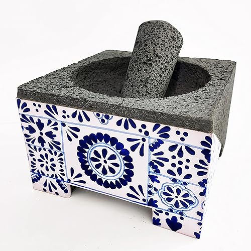TRES PIEDRAS - Mexican Artisan Handcrafted Volcanic Stone Molcajete Fused with Blue Talavera - Authentic Mexican Cuisine - 8 inches Square Width