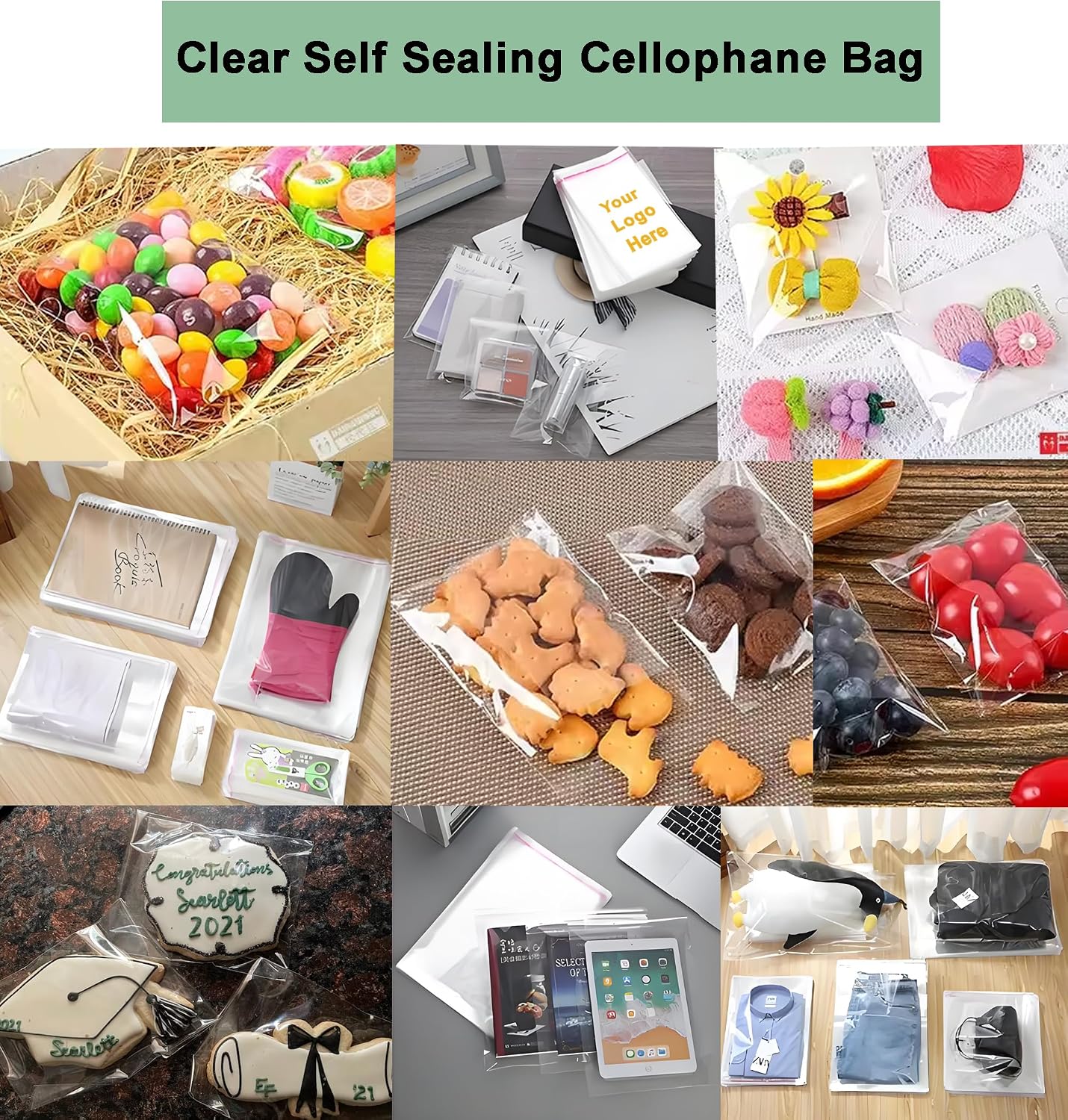 Custom Clear Resealable Cellophane Bags,Personalized Plastic Self-sealing Gift Bag,CustomSelf Adhesive Plastic Packaging Bags for Gifts, Clothes, Small Business,Candy, Bakery Cook and More (200)