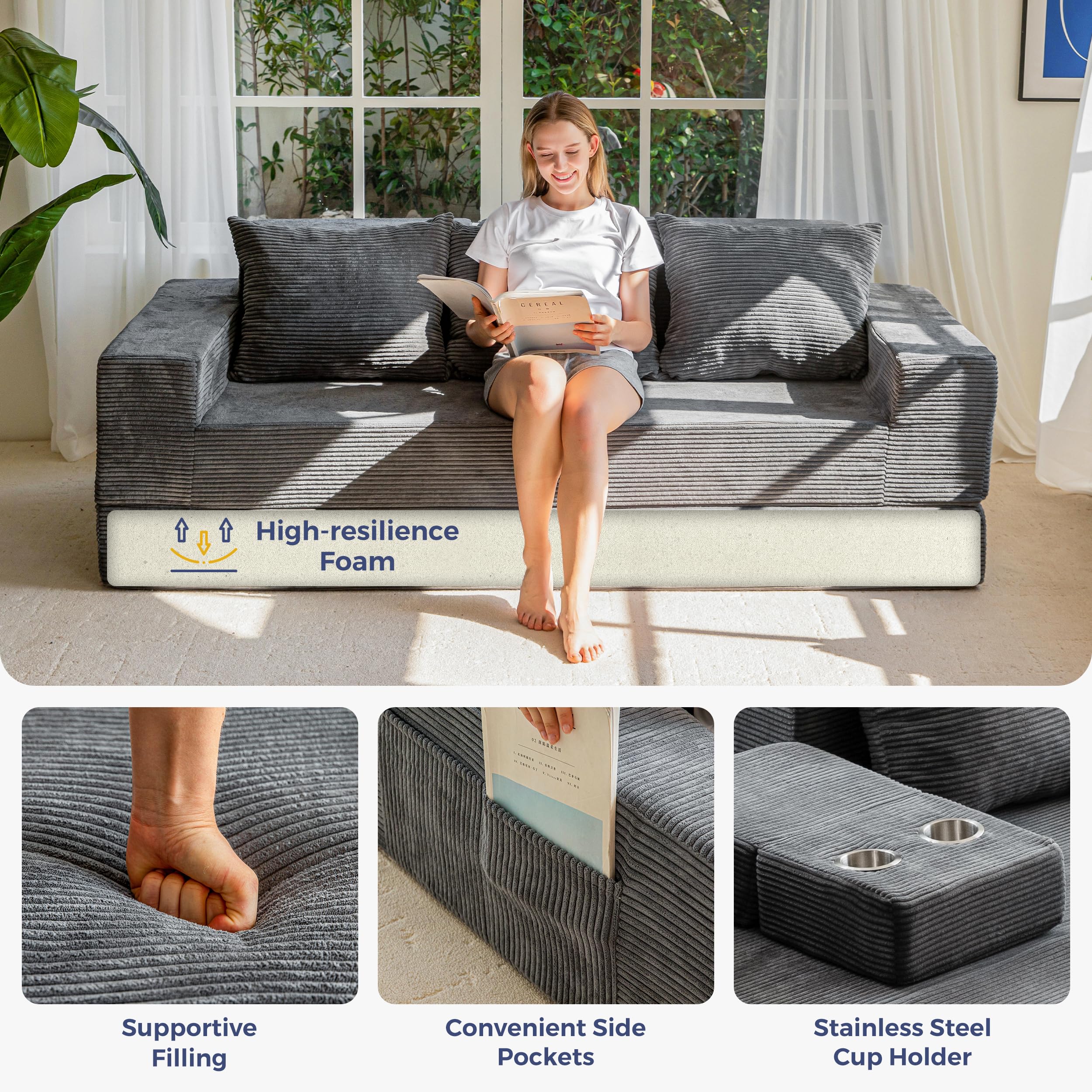 MAXYOYO Klappbares Schlafsofa, Cord-Bodensofa mit Getränkehalter | Ausziehbares Schlafsofa mit Getränkehalter und Kissen, bequemes Kompressionssofa für Wohnzimmer, Schlafzimmer, Gästezimmer