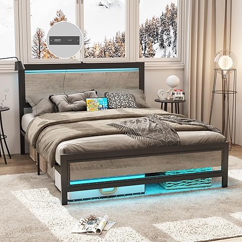 Base de cama LED tamaño Queen con estación de carga, base de cama de plataforma con cabecera y estribo de remaches, marco de cama Queen con