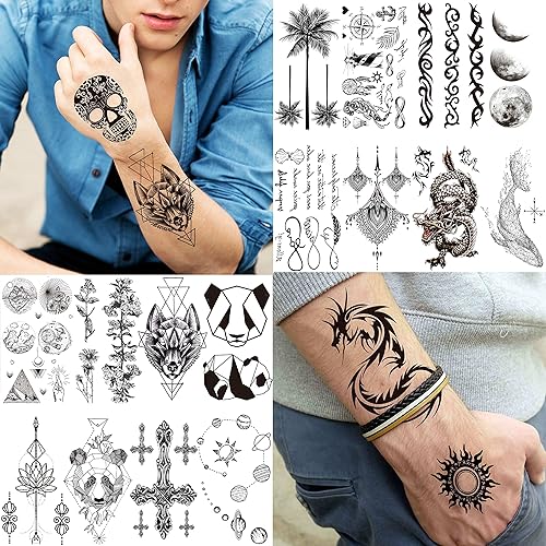 Miniatura 6 de VANTATY 66 hojas de tatuajes temporales negros pequeños 3D para mujeres y hombres impermeables calcomanías de tatuaje falsas para cara cuello brazo