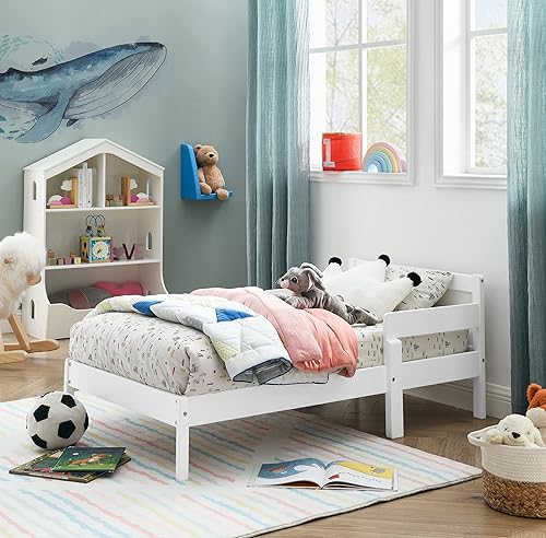 MUSEHOMEINC Cama convertible 2 en 1 cama multifuncional de madera maciza para niños con 2 barandillas laterales marco de cama para niños que se