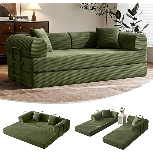 79" Convertible Sofa Bed with Fixed-Shape Frame & Removable Armrests, Modular Corduroy Sleeper Sofa, Folding Mattress Couch for Small Spaces - No Assembly Needed in Green (Includes 2 Pillows)