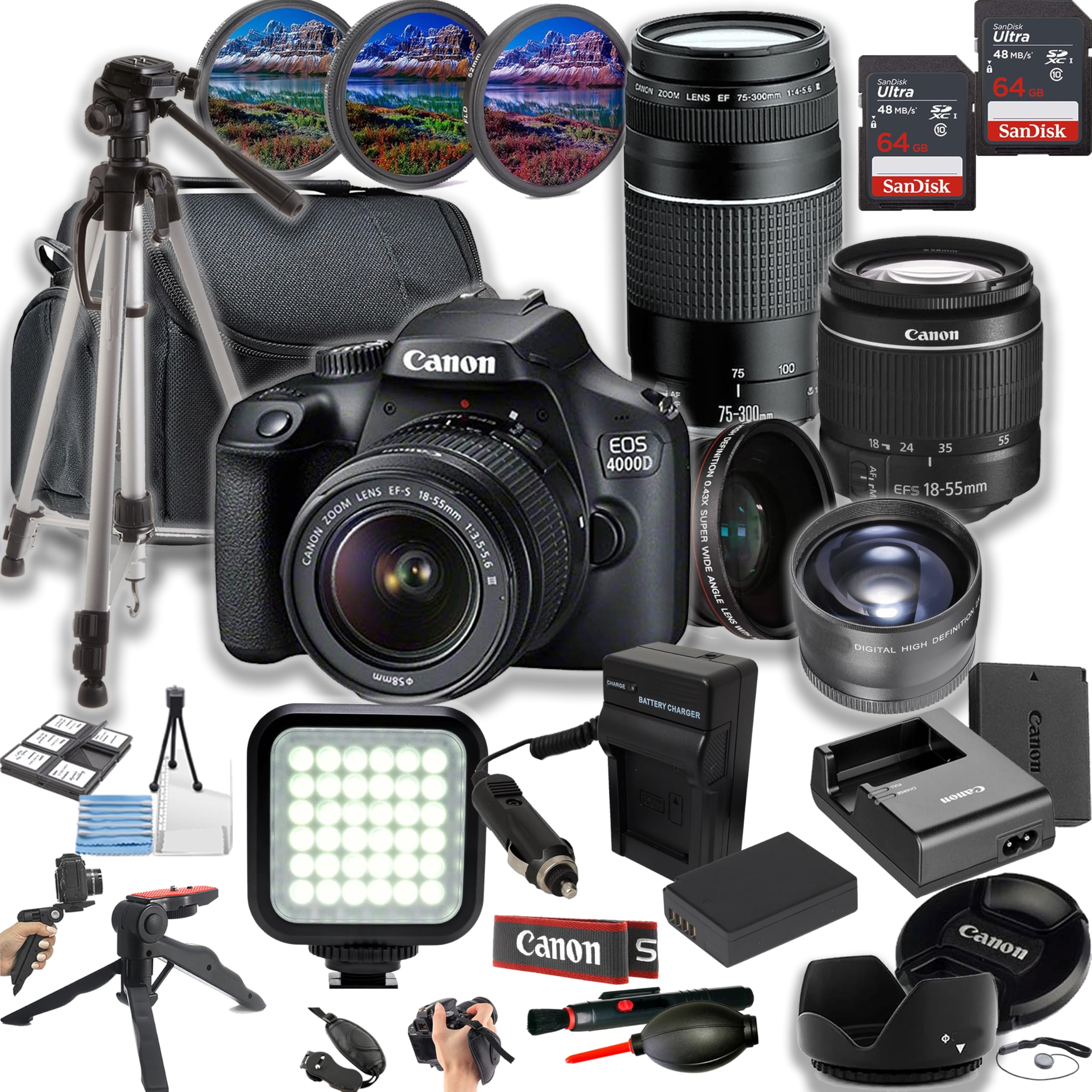 Canon EOS 4000D (Rebel T100) 18MP DSLR Camera + 18-55mm & 75-300mm Lenses+ LED Light + 128GB Memory + Lenses + Filters + Case + Tripod + Grips + Added Power, and More (28pc Bundle) (Renewed)