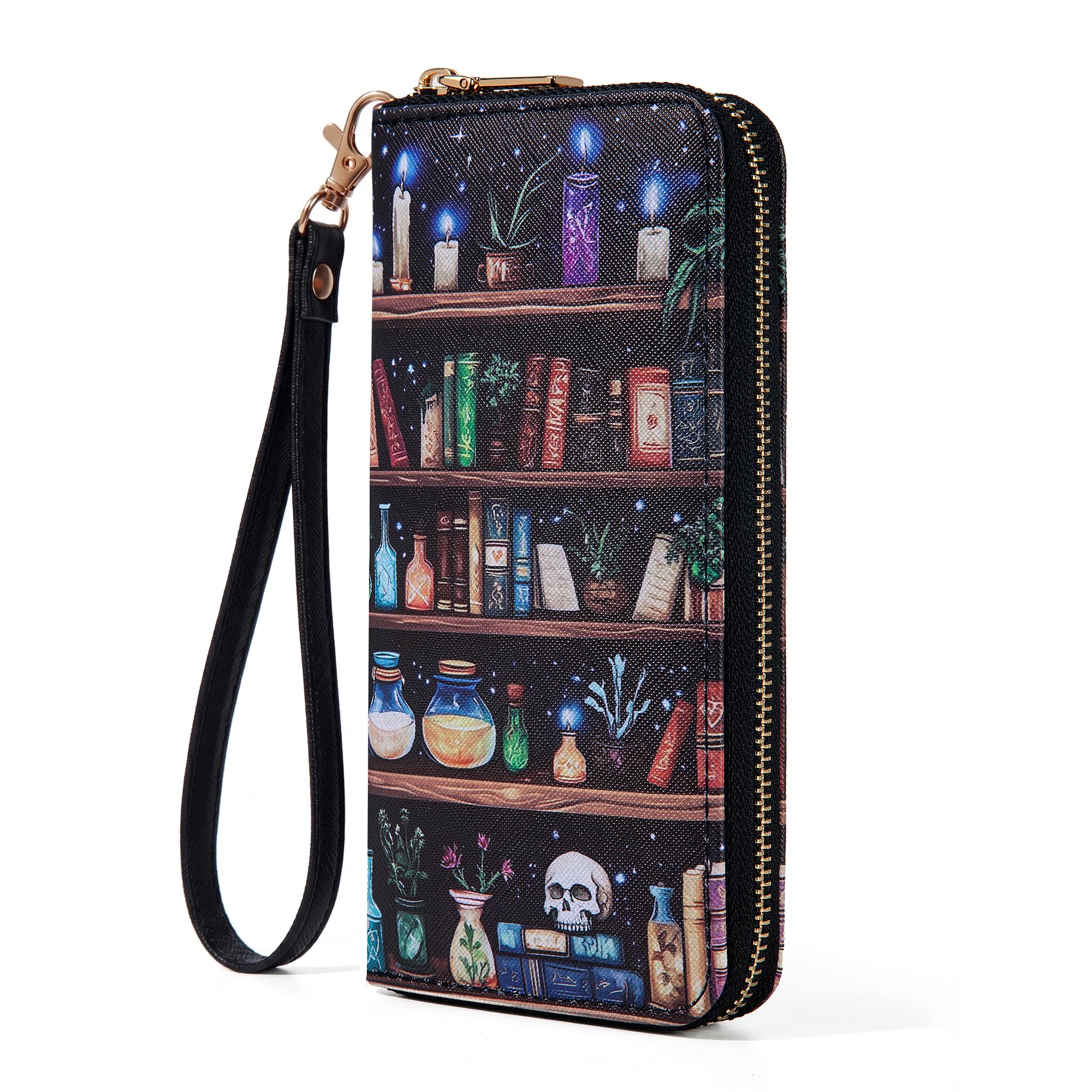 Checkered Highland Cow Print Book Wallet For Women Skull Goth Frog Butterfly Ladies Cluth Wristlet Wrist Strap Long Purse Zip Around Card Holder