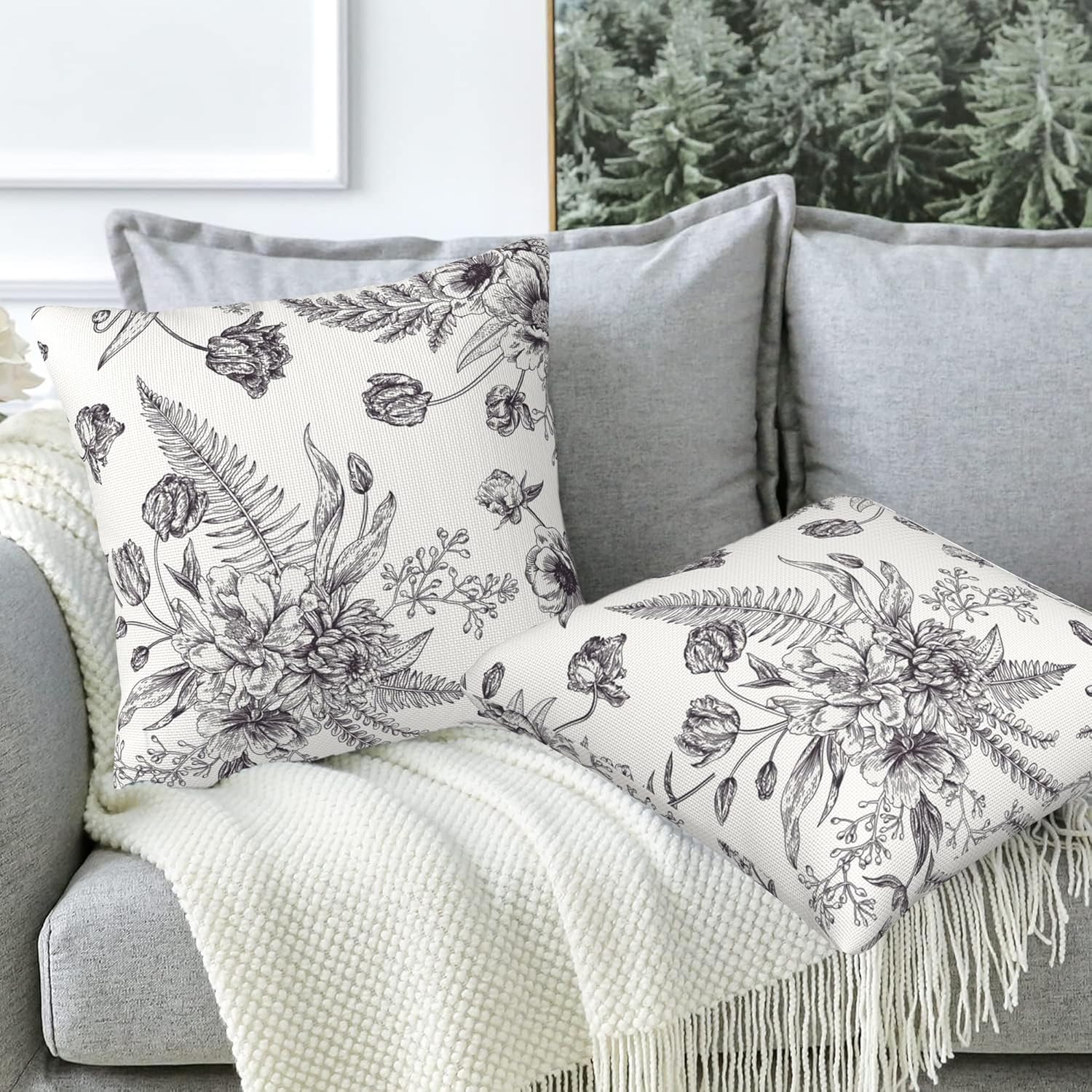 Throw Pillow Covers French Grey Botanical Pillow Covers 20x20 Inch Set of 2 Throw Pillows Decorative Pillow Cases Cushion Covers for Bedroom Livingroom Sofa Farm House - Image 5