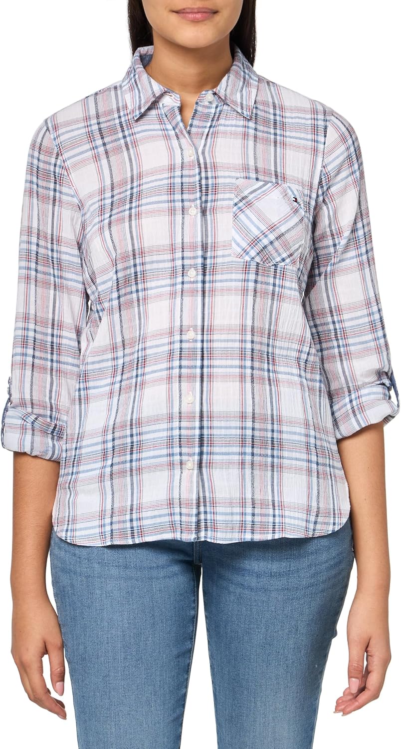 Tommy Hilfiger Womens Plaid Lurex Button Up Shirt