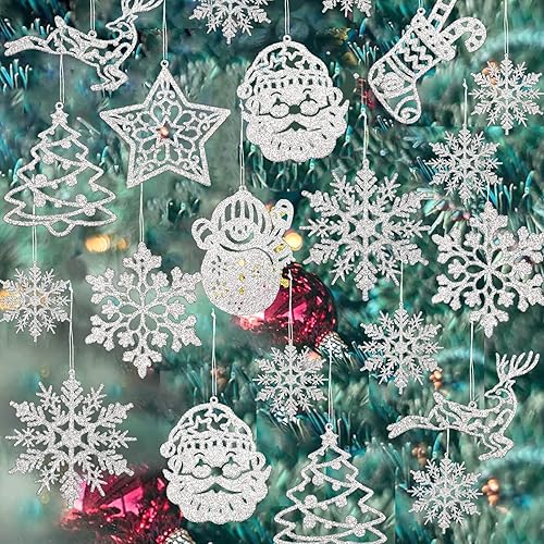 Adornos de copo de nieve para decoración de árbol de Navidad paquete de 42 adornos colgantes de árbol de nieve con purpurina plateada para Navidad