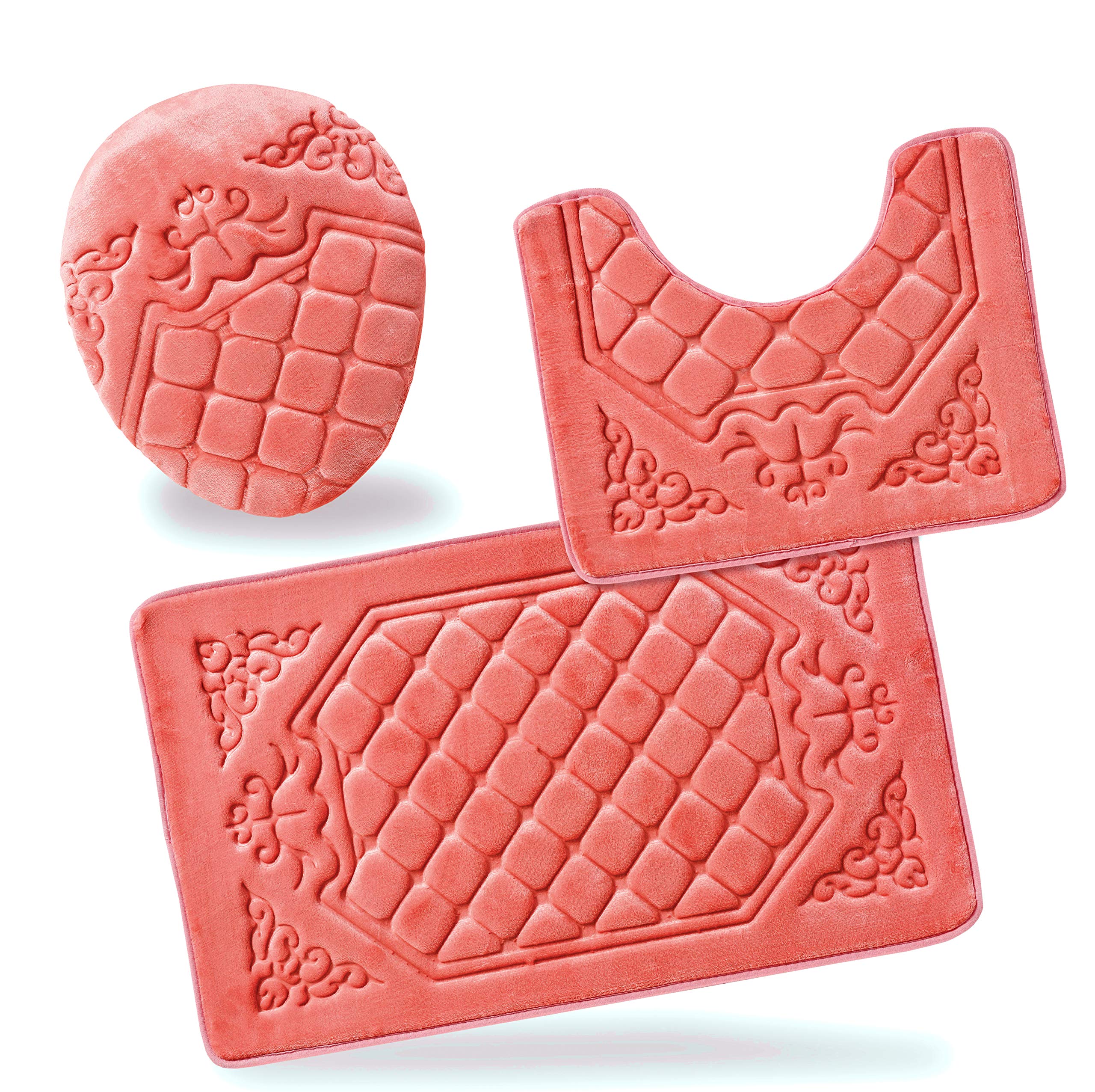 All American Collection 3PC Memory Foam Bath Mats Soft Plush Crown Design Anti-Slip Shower Bathroom Contour Toilet Lid Cover Rugs (Peach)