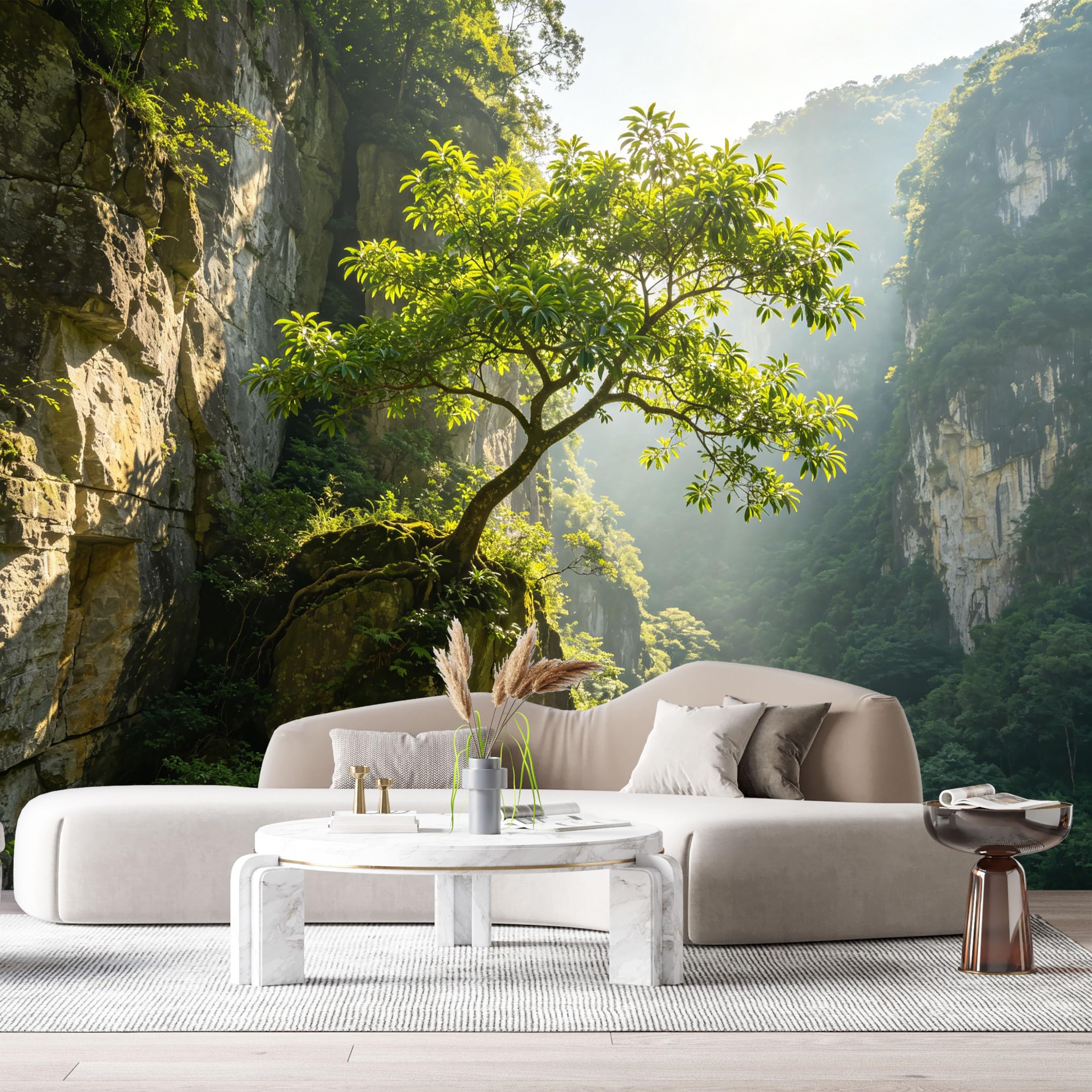 Custom Size Wall Murals Mountain Forest Landscape Sunlit Tree Rocky Cliff SelfAdhesive Wall Fabric Removable Large Wallpaper for Photo Living Room Interior Decor Wall Art