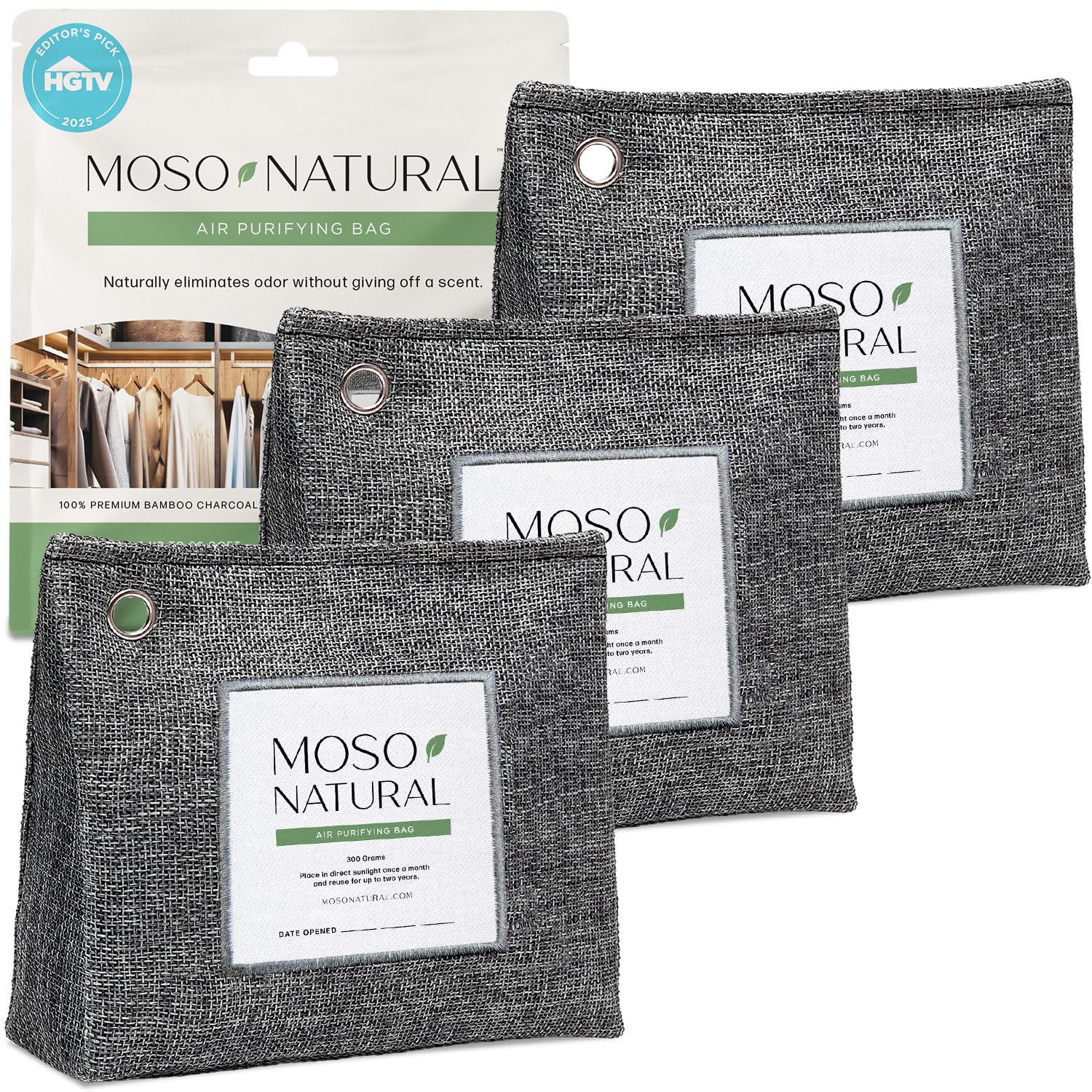 Air Purifying Bag 300g (3 Pack). A Scent Free Odour Eliminator for Closets, Bathrooms, Laundry and Pet Areas. Premium Moso Bamboo Charcoal
