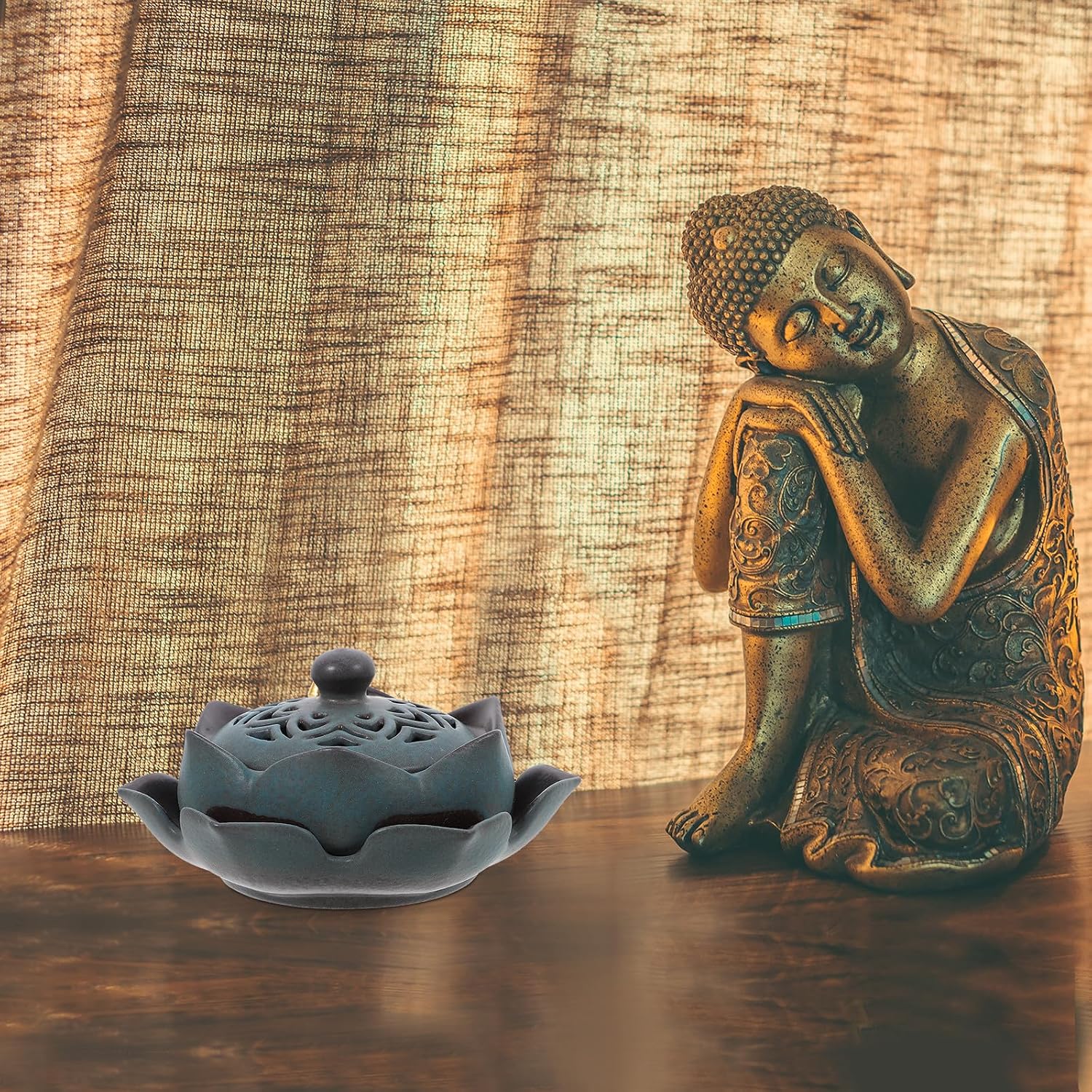Operitacx Creative Lotus Incense Holder Ceramic Censer Burner for Home and Office Aromatherapy with Air Purifying Function, Antique Style Lotus Incense Burner for Meditation and Relaxation