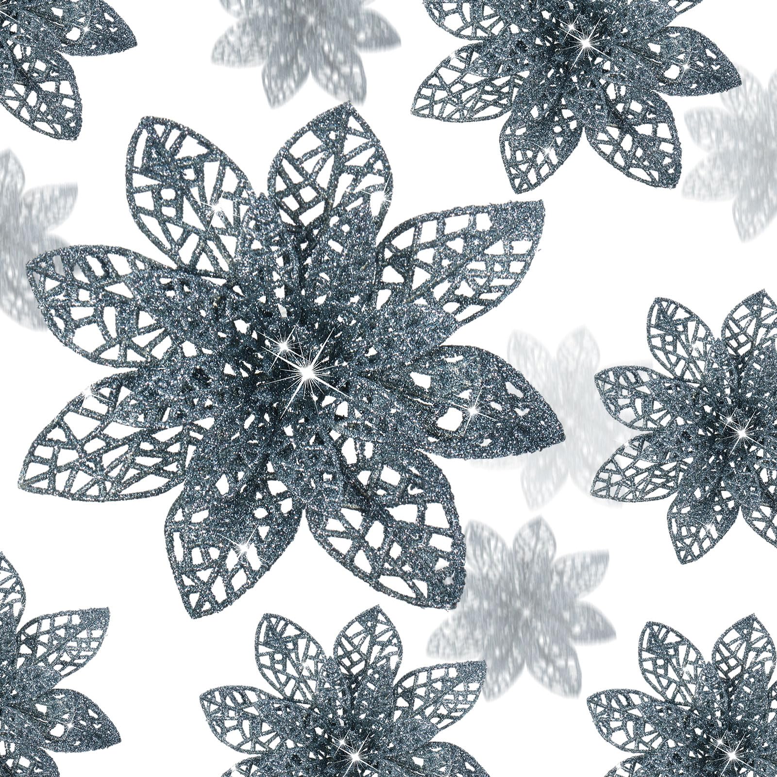 Boao 24 Pieces Glitter Poinsettia Christmas Tree Ornament Christmas Flowers Decor Ornament, 3/4/6 Inches (Dusty Blue)