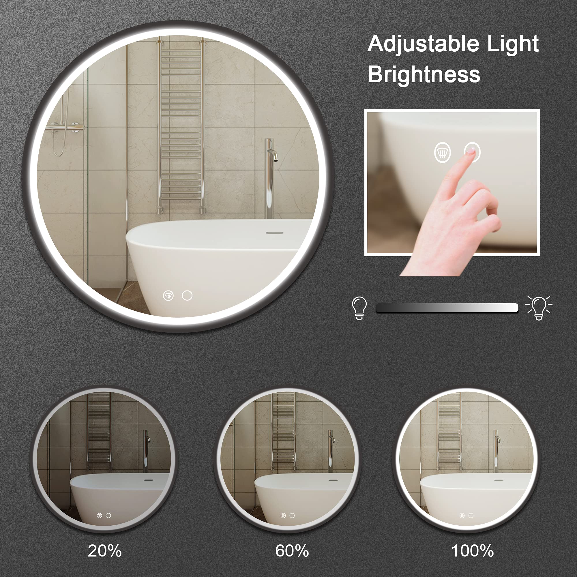 Keonjinn Round LED Mirror with Lights, 36 Inch Black Metal Framed