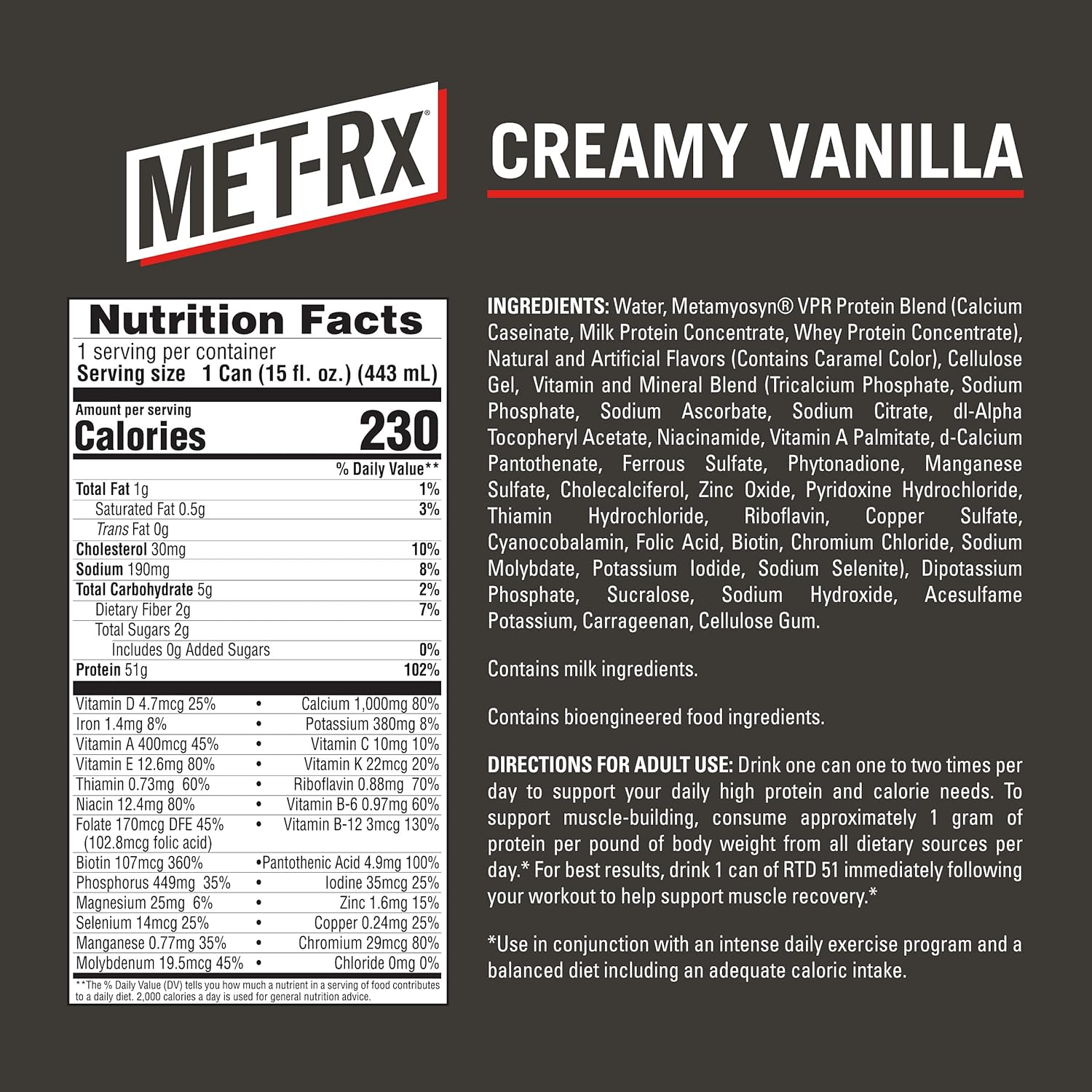 MET-Rx Ready to Drink Protein Shake, Keto Diet Friendly, Snack, Gluten Free, 51g of Protein, With Vitamin A, Vitamin D, and Zinc to Support Immune Health, Creamy Vanilla, 15oz, Pack of 12 : Everything Else