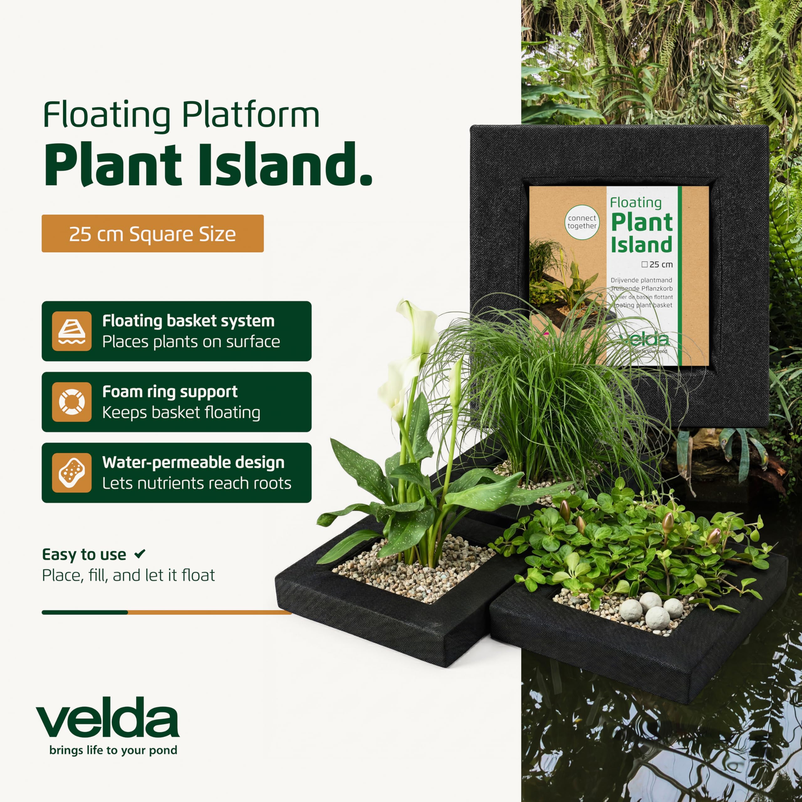 Velda 127577 – Isola per Piante per laghetto, Rettangolare, 25 cm, Floating Plant Island