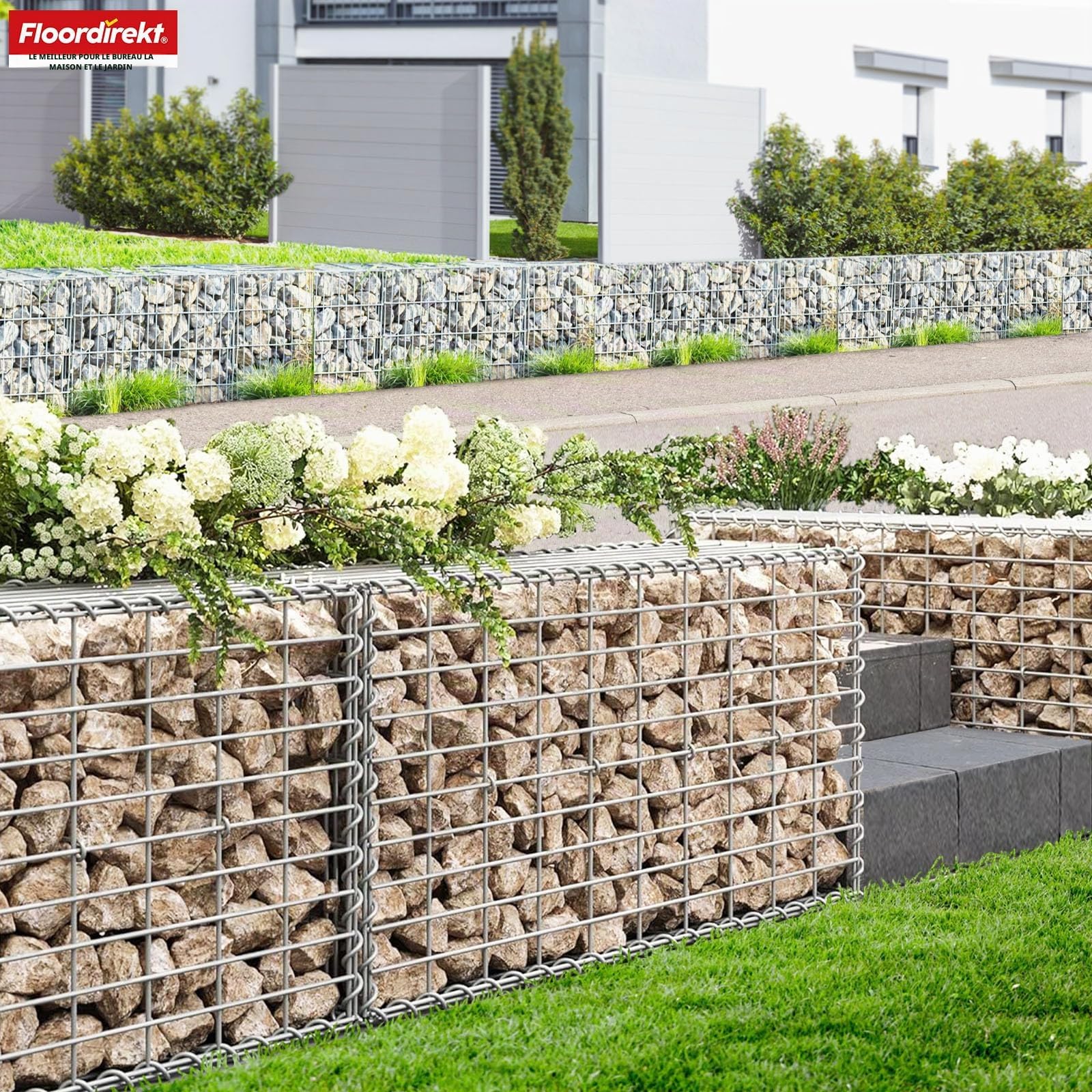 Floordirekt Gabion, panier à pierres en métal, 100x50x30 cm, panier en fil galvanisé avec une maille de 5 x 10 cm, mur de pierres comme clôture de jardin, grille de gabion comme brise-vue, Lenox