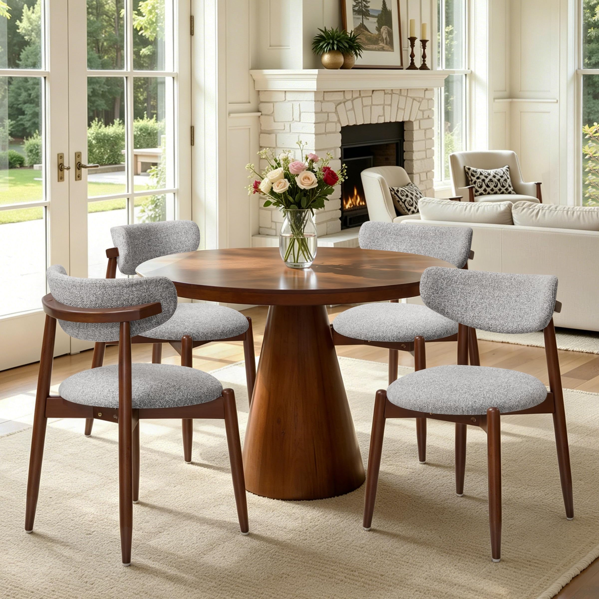 CHUN YI Dining Chairs Set of 4, Wooden Dining Room Chairs with Ergonomic Curved Back, Upholstered Mid Century Modern Kitchen Chairs, Gray