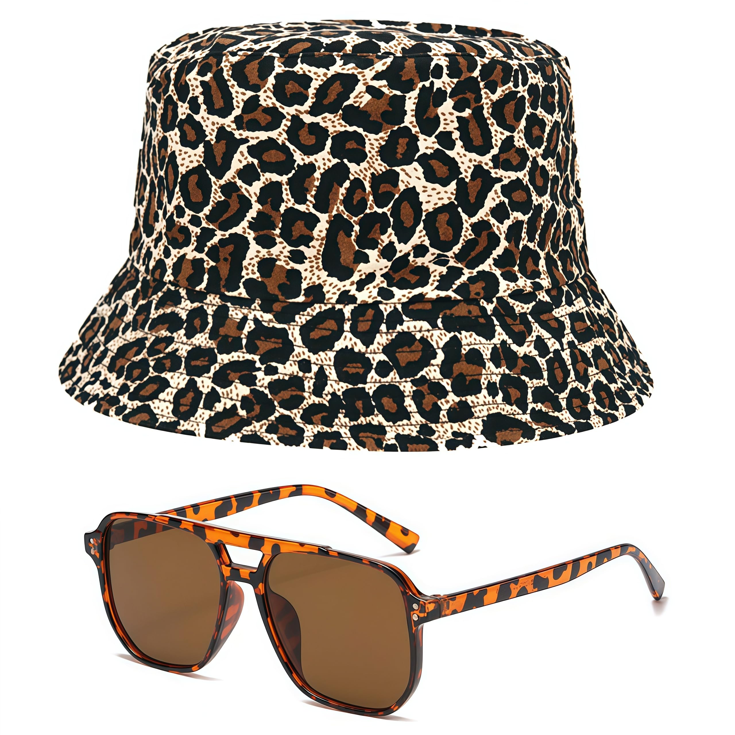 Leopard Bucket Hat, Bucket Hat,Women Men Double-Side Fisherman Reversible Hat, Leopard Sunglasses, for Fishing, Mountaineering, Camping, Black